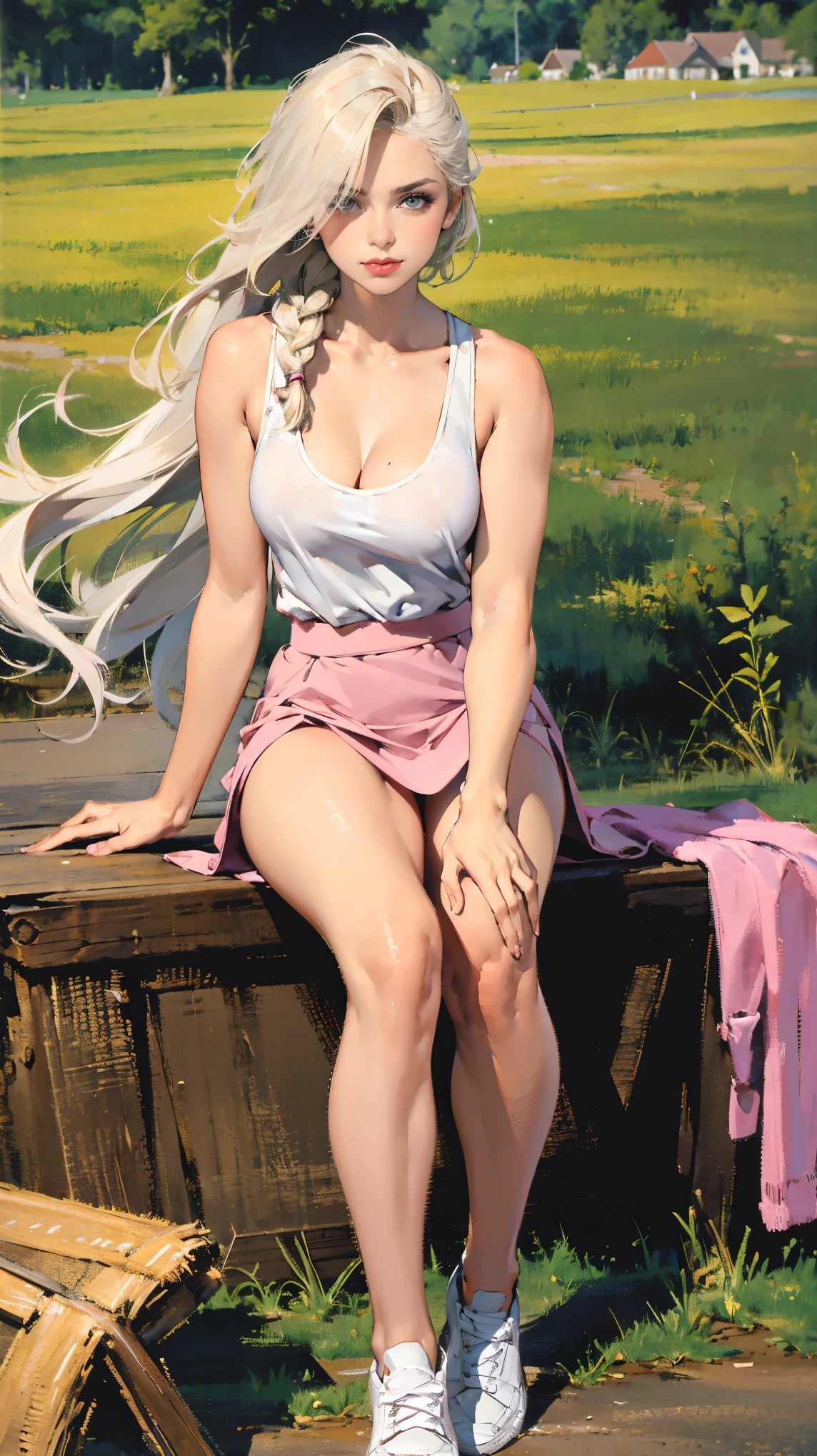 (Best quality 4K, high resolution, masterpiece:1.2), (character concept art), a beautiful young woman from a small countryside town in the United States, full-body showcase, an hourglass figure, long toned legs, and large D cup breasts, She has stunning long, platinum blonde hair, often left loose or in a simple braid, and captivating gray eyes that reflect her humble origins and strong character, wearing pink tank top tucked into matching mini skirt, white sneakers, expressive face, combined with her natural beauty and understated style, evokes an aura of simplicity, authenticity, and warmth, set against the backdrop of the idyllic countryside.