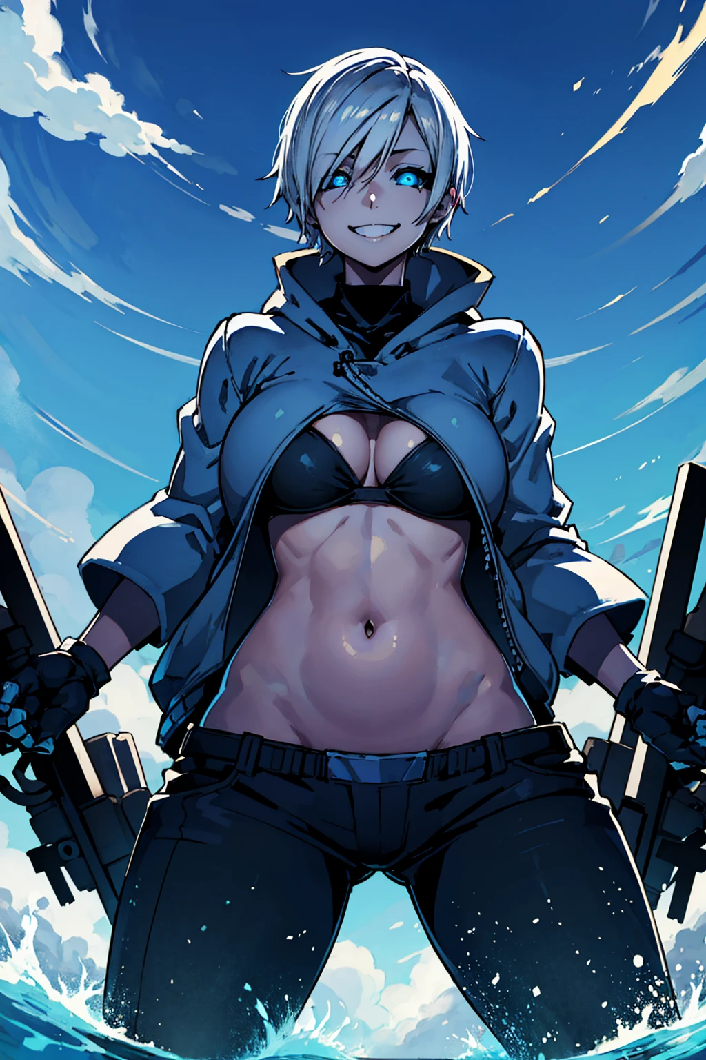 Toby Fox Undertale Sans Blue Jacket Bikini,Fire eyes, skull, smile, white short hair, glowing sexy keel cannon, standing on the beach, Super big breasts breast enlargement, looking at the camera