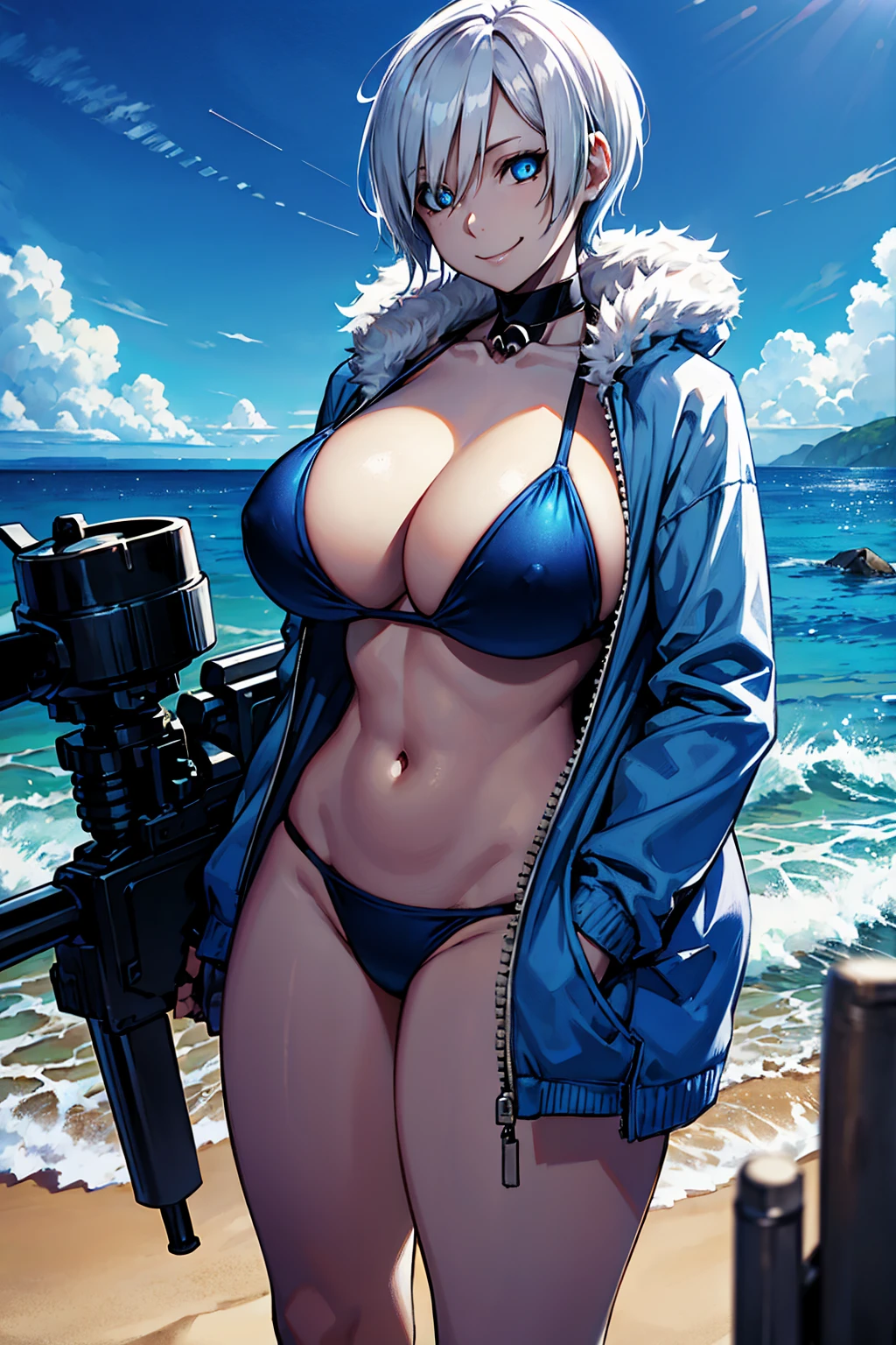 Toby Fox Undertale Sans Blue Jacket Bikini,Fire eyes, skull, smile, white short hair, glowing sexy keel cannon, standing on the beach, Super big breasts breast enlargement, looking at the camera