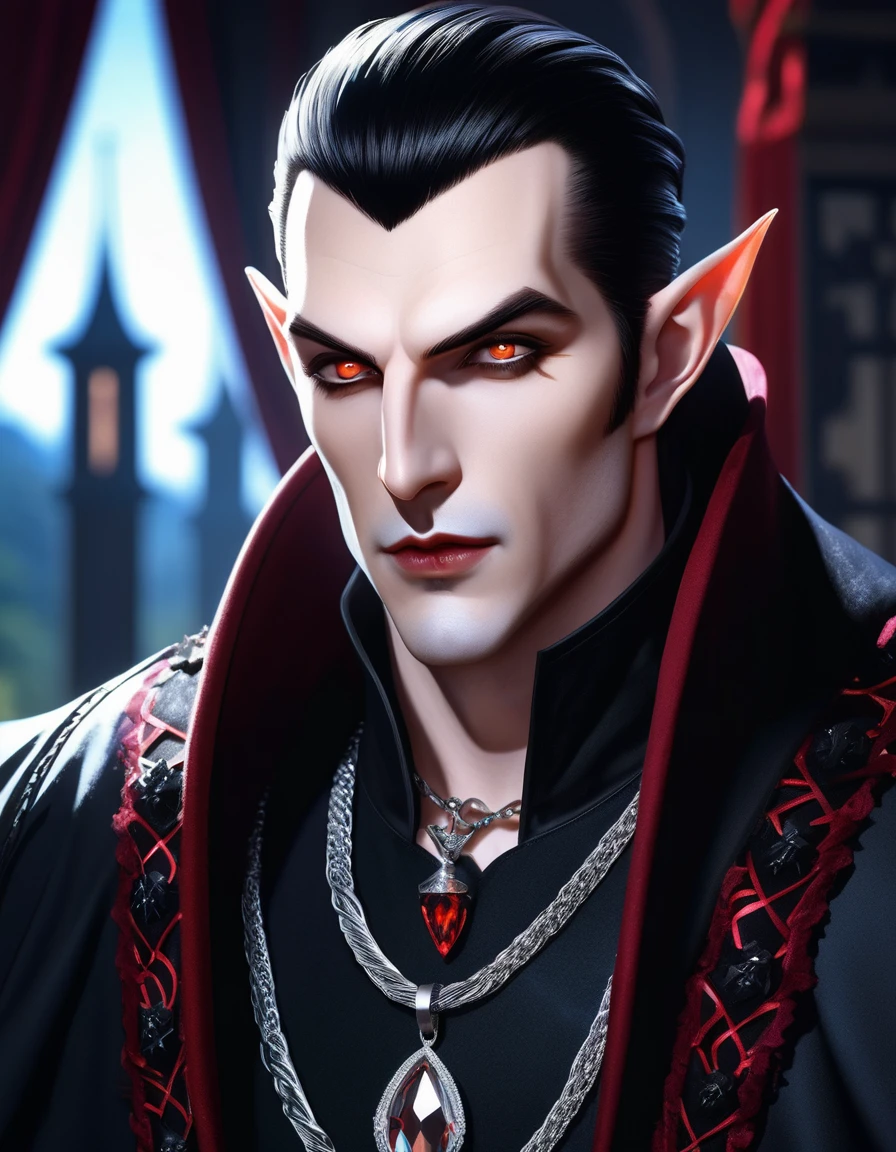 hyperrealistic and heavy detailed modern ((dnd portrait)) of a sexy handsome vampire (lord) 1boy, (vivid big eyes), thin pale lips, piercings on lips and ears, pointy elf ears, masculine jawline, mutton chops beard style without mustache, long white hair braids on the sides, wearing long ((crazy fashion alternate costume)) with (draconic print), wearing thick silver necklace, detailed face, real, atmospheric, sharp, 8k, high textured, maximalist, atmospheric, raytracing, real life, (natural)