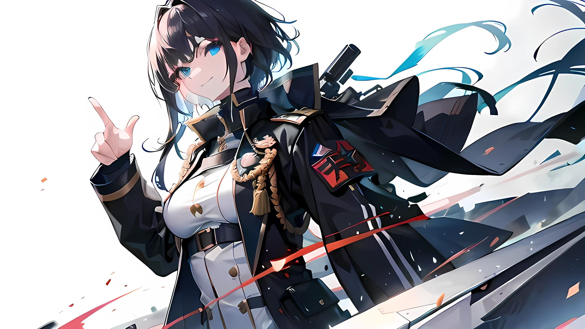 Highres, high quality, Epic atmosphere, stunning 4k artwork featuring a female, eye glowing, long hair ,clothes, female, legwear, modern clothes, military clothes, white background, short hair, smile, (beautiful eyes:1.2)