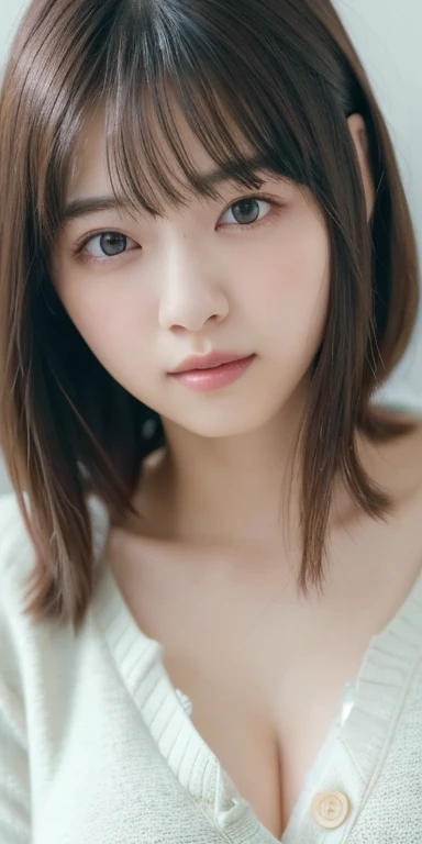 masterpiece, highest quality, 8k, 20th Generation, Big Breasts, cute, alone, sad, cute, Girlish, cute、Delicate girl, Pure beauty, RAW Photos, Professional photography, Portraiture, Soft Light, Professional Lighting, Backlight, Upper Body, avert your eyes, Sophisticated, Film Grain, (Round face、Young Face、Thin eyebrows、Thin lips:1.0), Floating Hair, beautiful, Flowing hair, bangs, White blouse、pastel cardigan、(Big Breasts:1.2)、I can see a little cleavage、dolly make、Heterochromia iridis、Left and right eyes are different colors