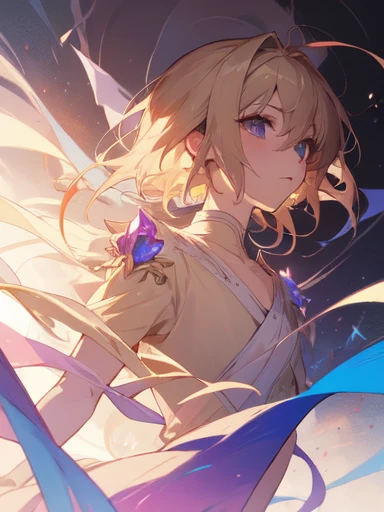 (absurdres), (perfect anatomy), (ingenious angle), (purple painting), pastel colors, beautiful composition, RAW photo, extremely delicate and beautiful, aesthetic, 1 people, girl, ikemen, medium hair, beige hair, elegant, little prince, upper body, background of purple gem, warm atmosphere, emotional, fantastic, perfect composition, trending pixiv fanbox, clear eyes, anime hand drawn illustration, produced by Anime Painter Studio,
