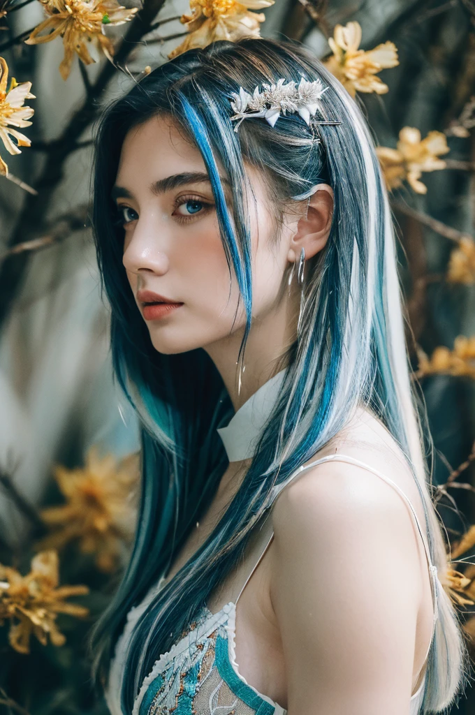 ( masterpiece, top quality, best quality,8k, girl,ultra detailed,raw photo:1.5),(photorealistic:1.4), (cinematic lighting), PerfectNwsjMajic, , Surrealism, UHD, ccurate, Super detail, textured skin, High detail, Best quality, dynamic angle, White skin,[Beautiful blue eyes], high nose,[flat chest:large breasts:0.5],(1girl),((good anatomy:0.5)),(covered in flowers:1.4), night sky, interested in, fire and ice, (The image is divided into two，Available in a variety of colors:2), eyes blues, sapphire, liquid metal, night sky, (Look at an angle:1.3), (fire and ice), ((Lower chrome)), (hairpin:1.4), (forest:1.3), (fog: 1.3),  Subtle colors and tones, mystical aura ,dreamy atmosphere,expressive brush strokes, mystical ambiance, Artistic interpretation, upper body, (straight hair,blue streaked hair, white hair)