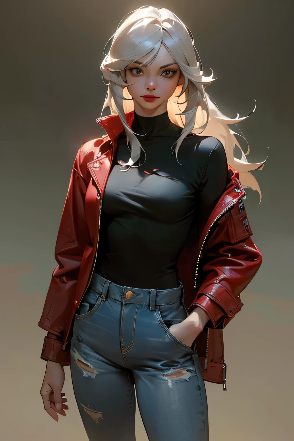 masterpiece, top quality, super detailed, high resolution, (realistic, photorealistic:1.37), excellent anatomy, 1 beautiful woman, (science fiction fantasy), (professional oil painting), (8K resolution), ((pale gray skin)), (iron gray skin), ((denim clothes)), ((red jacket)), ((black T-shirt underneath)), ((red lipstick)), ((black sneakers)), (conceptual art), (wide area), (messy hair), (iron white hair), ((moonlight at night)), (cowboy shot:1.2), best light, best shadow, mysterious, perfect face, highly detailed,