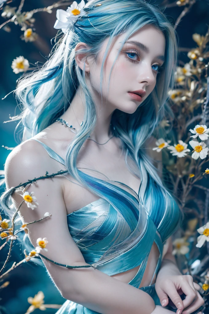 ( masterpiece, top quality, best quality,8k,17 years old girl,ultra detailed,raw photo:1.5),(photorealistic:1.4), (cinematic lighting), PerfectNwsjMajic, , Surrealism, UHD, ccurate, Super detail, textured skin, High detail, Best quality, dynamic angle, White skin,[Beautiful blue eyes], high nose,[flat chest:large breasts:0.5],(1girl),((good anatomy:0.5)),(covered in flowers:1.4), night sky, joint, interested in, fire and ice, (The image is divided into two，Available in a variety of colors:2), eyes blues, sapphire, liquid metal, night sky, (Look at an angle:1.3), (fire and ice), ((Lower chrome)), (hairpin:1.4), (forest:1.3), (fog: 1.3),  Subtle colors and tones, mystical aura ,dreamy atmosphere,expressive brush strokes, mystical ambiance, Artistic interpretation,Wonderland, blue glowing flowers tone, upper body, long hair,(blue streaked hair,white hair), river,water