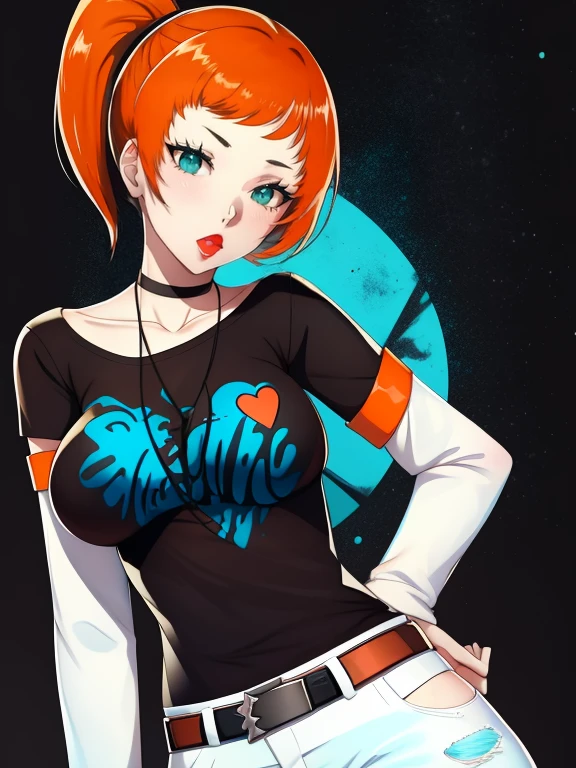 1girl, solo ,sonia, side ponytail,orange hair, heart hair ornaments, aqua eyes ,glossy lips, earings , black t-shirt, white shirt, blue jeans, belt, lipstick, large breasts, layered sleeves