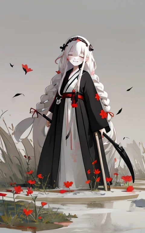 Solitary,1 female\(Red Cliff,Lovely,Kawaii,,Hair color: white,Braided hair,messy hair,Dark eye color,closed eyes smile,White skin,A big smile,enjoy,whole body,Wearing the black robe of the Grim Reaper,Holding a sickle and a skull,Skip,Flower Hair Accessories,white hair\),background\(Black sky,Withered flowers all over the ground,Thick red water\), rest ,quality\(8K,Extremely detailed CG unit wallpaper, masterpiece,high resolution,top-quality,top-quality real texture skin,Surrealism,提high resolution,RAW photos,Best quality,Very detailed,wallpaper\)