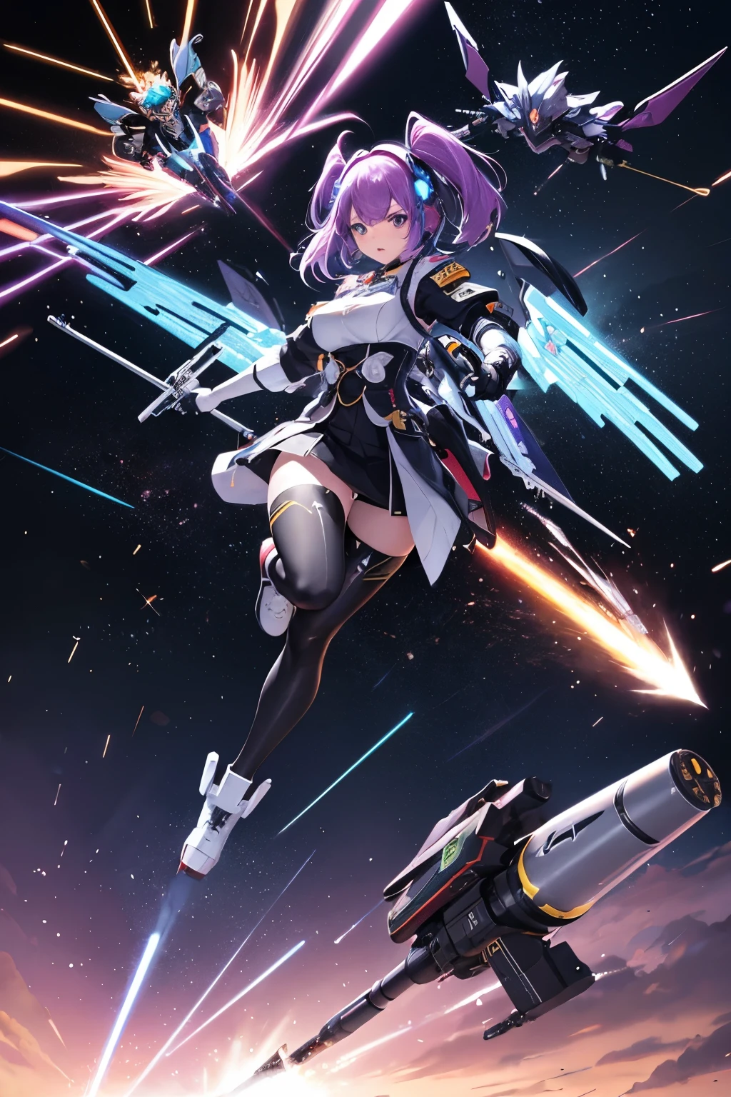 (((highest quality、first-clasasterpiece、Normal body、8k、Detailed face、Ultra-precision、Normal hand、Normal finger、5Finger、)))Brightly colored hair、Rainbow Hair、Rainbow Mechanical Angel、Large rainbow mechanical wings、Large booster、Large rainbow thruster、Visor Helmet、Armor Skirt、Thought-guided remote-controlled weapon、Funnel、Bit Weapon、Full Armor、Beam rifle、Rainbow Beam、Running through space、Full boost、Beam Sword、Fighting space monsters、Variable Beam Launcher、multi missile、Mega Beam Cannon、In combat、Dogfight、High Maneuver、Space War、fleet battle、Destroy enemy ships、High mega particle cannon firing、ultimate weapon、Multi-warhead missiles、Full burst、All-at-once sweep、Breaking the Limits、critical point breakthrough、Charged particle cannon、Meteors、Buster Rifle、ダブルBuster Rifle、Last Shooting、Upward Shooting