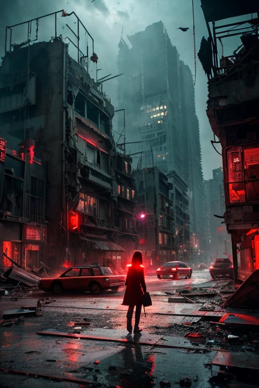 highest quality、A ruined futuristic city、dim、red、Surrealism