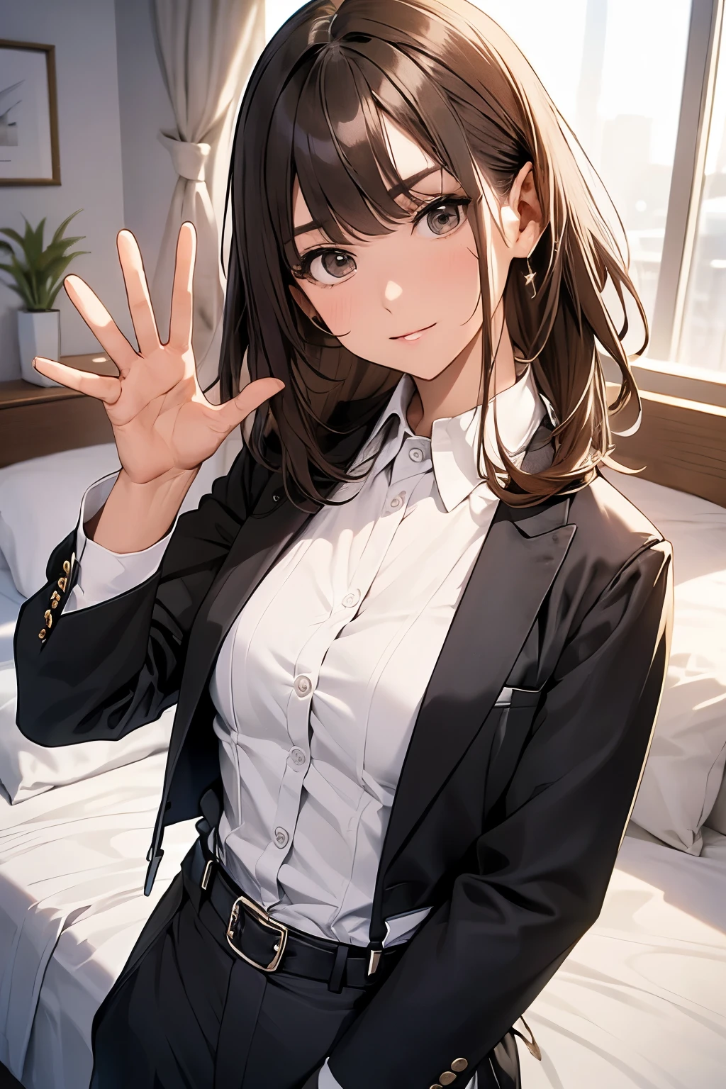 Brown Hair、Staring at the audience Black suspenders bulging big breasts wall: Black trousers sight Small face holster Beautiful woman Show your hand Lying in bed sight Taunt side side汗 arm Dress shirt Black Suit suit belt