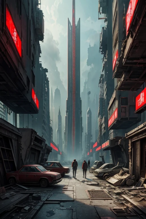 highest quality、A ruined futuristic city、dim、red、Surrealism