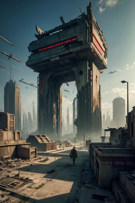 highest quality、A ruined futuristic city、dim、red、Surrealism