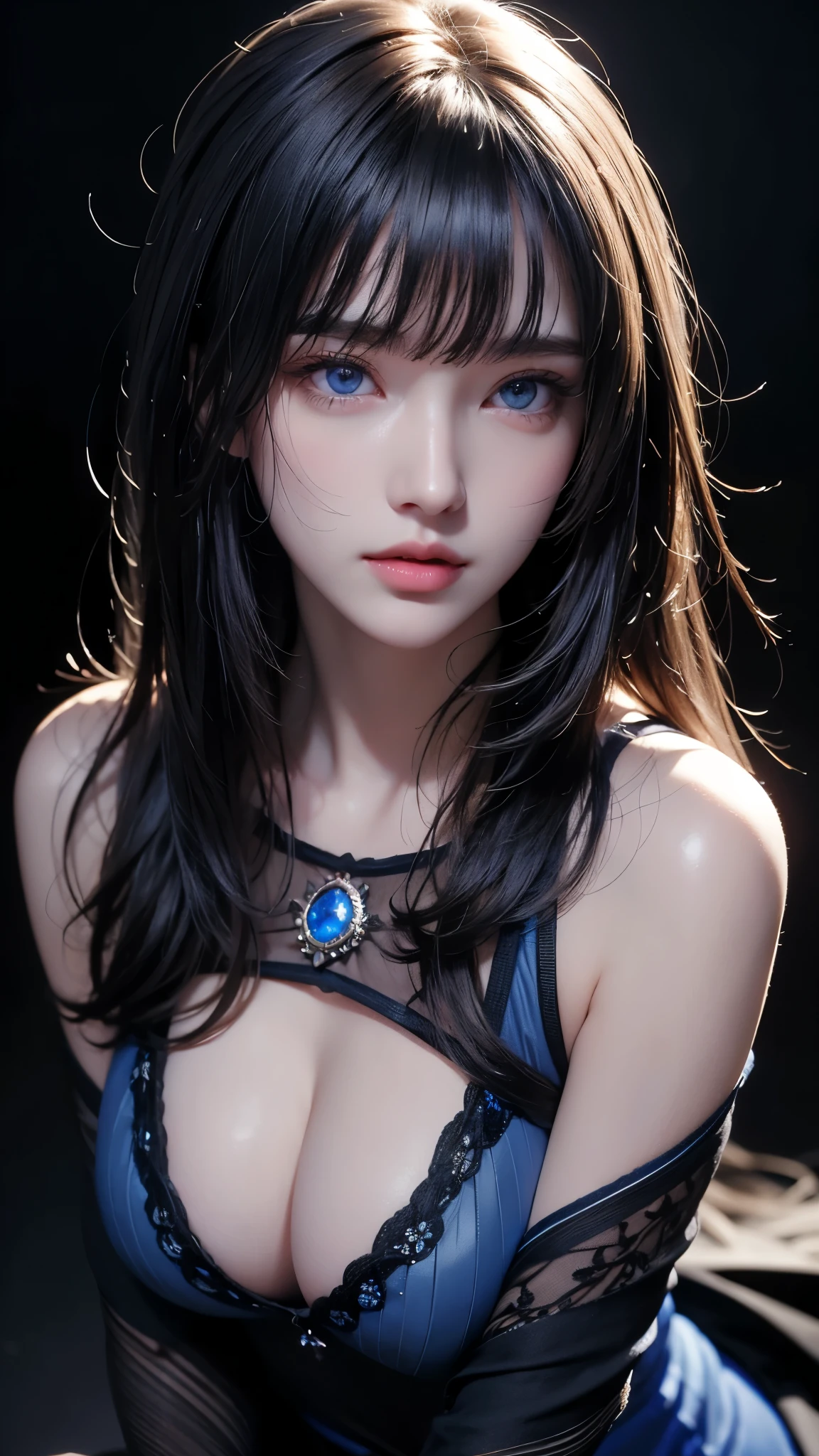 masterpiece, highest quality, Super detailed, Facing the camera, 複雑に詳細なSuper detailed, Realistic, Sharp features, Very detailed, Sharp focus, Perfect Face, Perfect Face, Perfect symmetrical perfect eyes, Perfect Plump Lips, Flexible female form, Cinematic, Film Light, Super detailed, hyper Realistic, masterpiece, Atmospheric, High resolution, Vibrant, Dynamic Studio Lighting, ((Dark Background)), The expression when receiving pleasure, Straight bangs, blue eyes,Black sweater, Cowboy Shot,The cleavage is visible