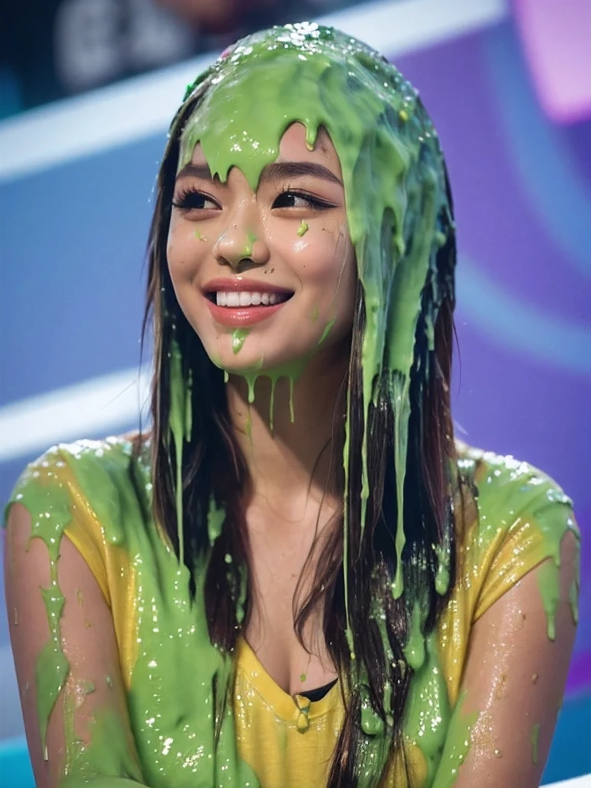 (film photograph:1.3), (photorealistic:1.4), Canon50, 16k, masterpiece, HD,  detailed lips, detailed skin texture, Chinese  girl, extreme realism, beautiful face, delicate eyes, eyeshadow, slime, slime on face, slime on hair, goo on face, goo on head, dripping green goo, f/2.0, bokeh, natural skin texture, textured skin, detailed textures, liquid splashes on her head, detailed slime, detailed goo, inside game show studio, face covered in slime