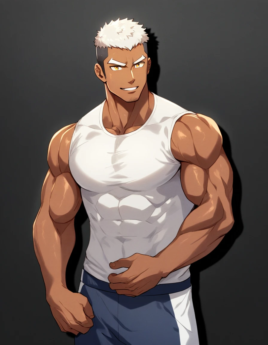 anime characters:Gyee,Full body photo,Fitness coach, Chocolate skin, 1 muscular tough guy, Manliness, male focus, Cream White Sleeveless Tight T-Shirt, Very tight, The pectoral muscles are oversized, Slightly transparent, muscular male, muscular, only, Upper body, alone, White short hair, Thick eyebrows, stubble, Yellow eyes, Black background, simple background, amazing quality, best aesthetics, Ridiculous, bright pupils, crew cut, parted lips, forced smile, drop shadow, best quality