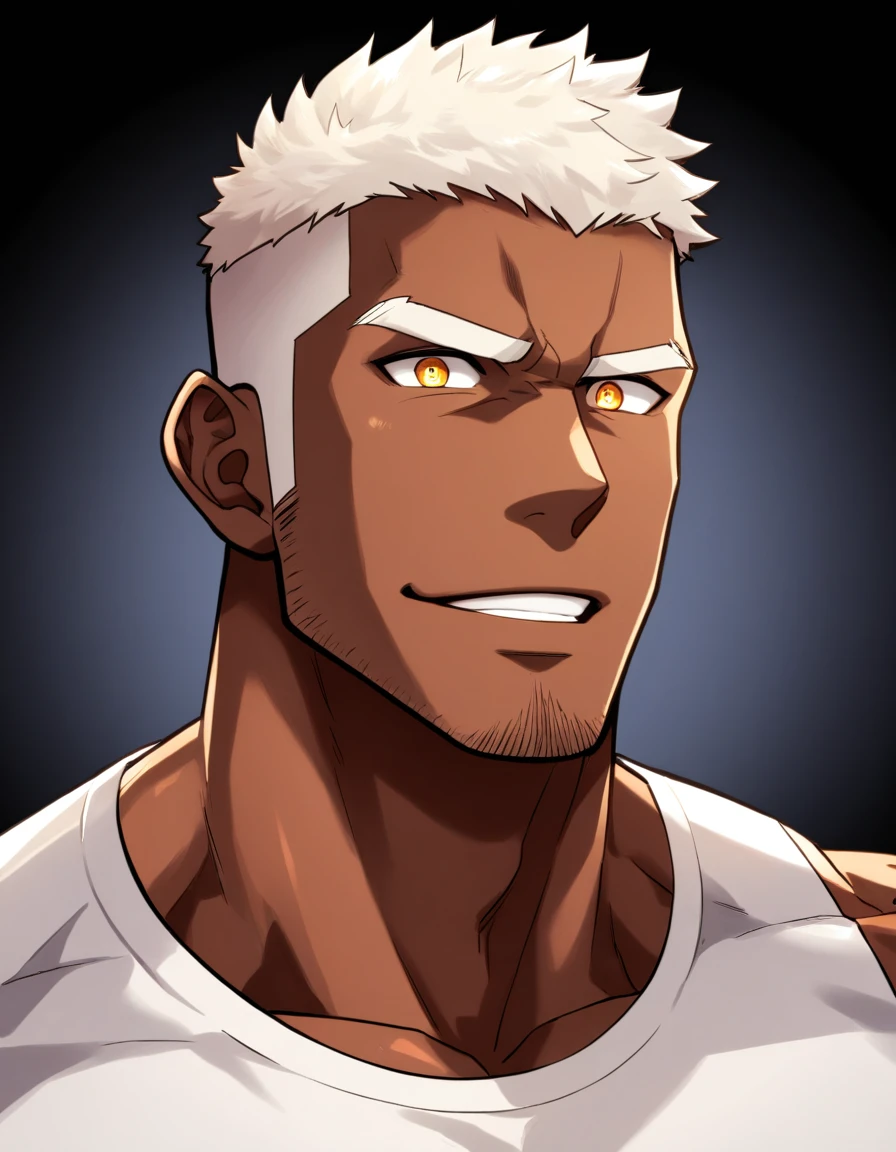anime characters:Gyee,Full body photo,Fitness coach, Chocolate skin, 1 muscular tough guy, Manliness, male focus, Cream White Sleeveless Tight T-Shirt, Very tight, The pectoral muscles are oversized, Slightly transparent, muscular male, muscular, only, Upper body, alone, White short hair, Thick eyebrows, stubble, Yellow eyes, Black background, simple background, amazing quality, best aesthetics, Ridiculous, bright pupils, crew cut, parted lips, forced smile, drop shadow, best quality