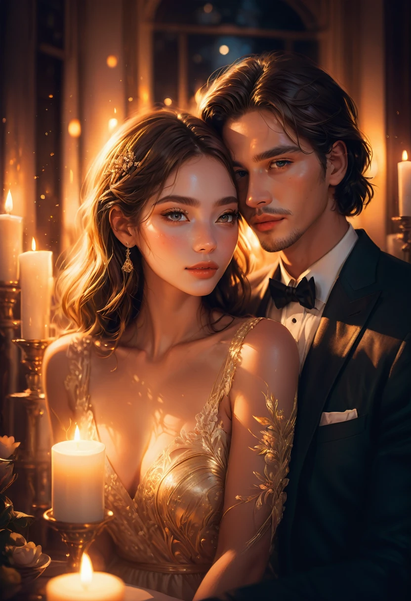 Couple Photo, aesthetic, a romantic couple, beautiful detailed eyes, beautiful detailed lips, extremely detailed face, long eyelashes, intimate embrace, affectionate lovers, romantic date, soft lighting, candlelight, warm colors, golden hour, cinematic, professional, photorealistic, 8k, high quality, masterpiece