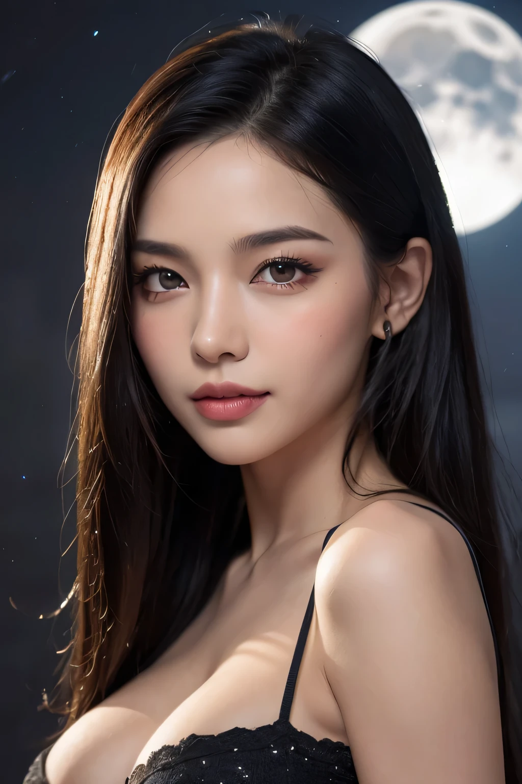 Body portrait, 8K, thin and beautiful eyes, Dindal effect, masterpiece, top quality, high quality, high resolution, very detailed photo, (natural skin texture, fine skin, hyper realism, super sharpness), high detail skin, (very fine, fine skin texture, intricate details, beautiful face, (realistic face), realistic eyes, beautifully detailed eyes, realistic skin, beautiful skin, surreal, very detailed Golden ratio, smiling eyes, ((night moonlight background) )), body portrait, G cup, big breasts, huge breasts, big breasts, glamorous, sexy knit dress,