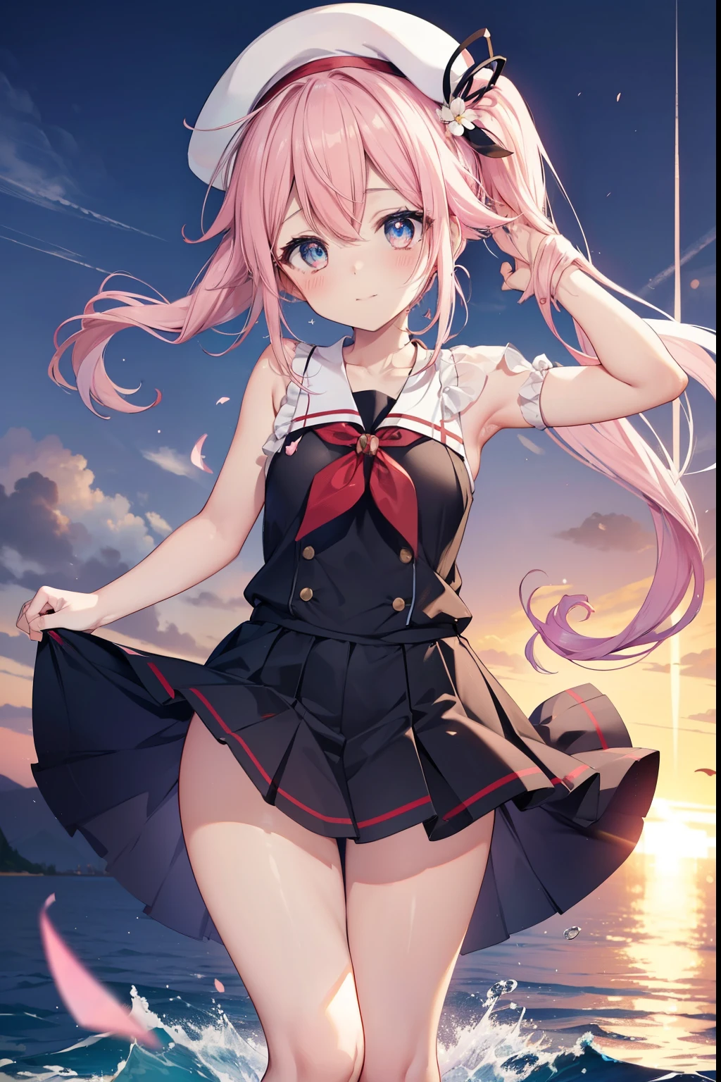 Harusame、blush,smile、Pink Hair、Side Ponytail、Wear a hat、Shipgirl、uniform、Fighting at sea、Primary school students、The back is very small、Lolita、Small breasts、Please show me your armpits、exterior: 14 years old、Shoulder Bare、The clavicle is visible、Sexy thighs、Beautiful feet、Usual hairstyle、highest quality, High resolution, unity 8k wallpaper, (shape:0.8), (Beautiful and beautiful eyes:1.6), Highly detailed face, Perfect lighting, Extremely detailed CG, (Perfect hands, Perfect Anatomy),