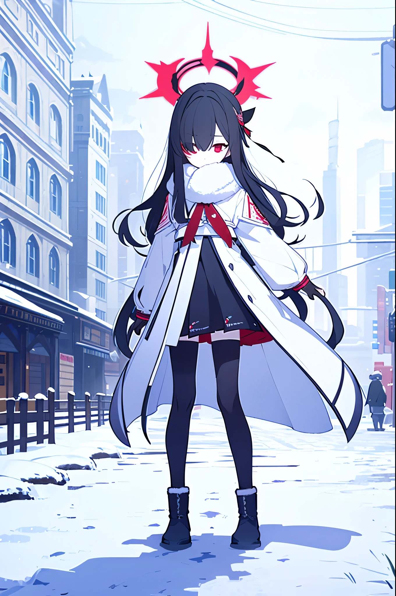 Loli，black hair，Red eyes，There are no highlights in the eyes，Hair covering one eye，Loli的身材，Wearing a white shirt，Wearing a white coat with fur collar，Wears black tights，Wearing furry boots，Red halo on head，masterpiece，Delicate and exquisite的二次元精美画风，Delicate and exquisite，8K high quality，CG Wallpaper，HD，Bad milk，Solitary，Ark of Tomorrow风格，Ark of Tomorrow，Lovely standing position，Stand on the streets in winter，Street covered with snow