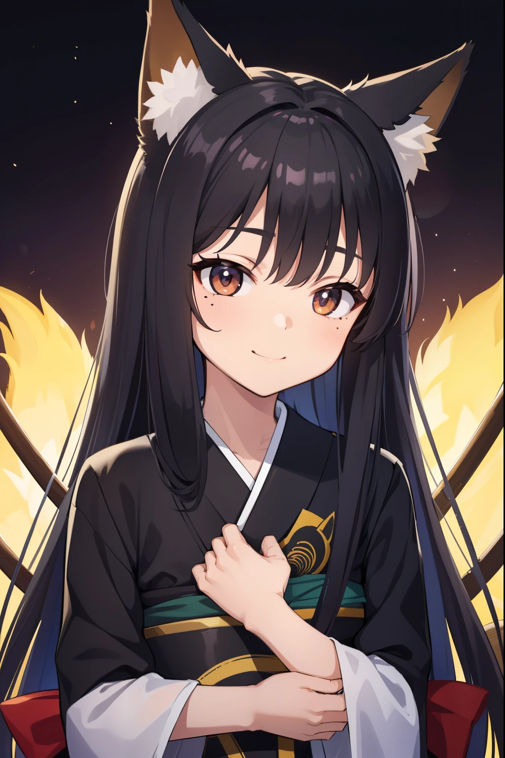  animal ear fluff, animal ears, fox ears, fox lady, Moles around the eyes, Fox tail, long-haired black color, tail, Black kimono,  ((10 years old:1.2)), ((primary school student:1.2)), ((infant:1.3)), small breasts, sexy smile, In a Japanese-style room, At night,looking at the audience, highest quality, High resolution, unity 8k wallpaper, (perfect anatomy),upper body portrait