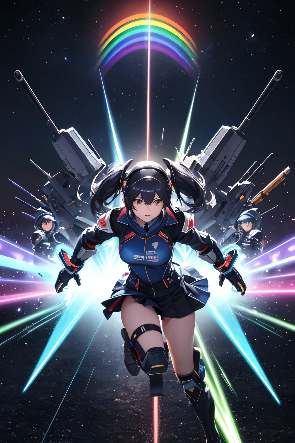 (((highest quality、first-clasasterpiece、Normal body、8k、Detailed face、Ultra-precision、Normal hand、Normal finger、5Finger、)))Brightly colored hair、Rainbow Hair、Rainbow Mechanical Angel、Large rainbow mechanical wings、Large booster、Large rainbow thruster、Visor Helmet、Armor Skirt、Thought-guided remote-controlled weapon、Funnel、Bit Weapon、Full Armor、Beam rifle、Rainbow Beam、Running through space、Full boost、Beam Sword、Fighting space monsters、Variable Beam Launcher、multi missile、Mega Beam Cannon、In combat、Dogfight、High Maneuver、Space War、fleet battle、Destroy enemy ships、High mega particle cannon firing、ultimate weapon、Multi-warhead missiles、Full burst、All-at-once sweep、Breaking the Limits、critical point breakthrough、Charged particle cannon、Meteors、Buster Rifle、Buster Beam、Last Shooting、Upward Shooting