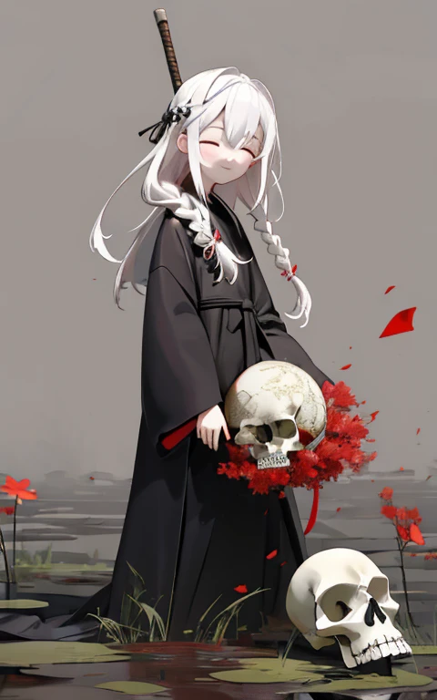 Solitary,1 female\(Red Cliff,Lovely,Kawaii,10 years old,Hair color: white,Braided hair,messy hair,Dark eye color,closed eyes smile,White skin,A big smile,enjoy,whole body,Wearing the black robe of the Grim Reaper,Holding a sickle and a skull,Skip,Flower Hair Accessories,white hair\),background\(Black sky,Withered flowers all over the ground,Thick red water\), rest ,quality\(8K,Extremely detailed CG unit wallpaper, masterpiece,high resolution,top-quality,top-quality real texture skin,Surrealism,提high resolution,RAW photos,Best quality,Very detailed,wallpaper\)