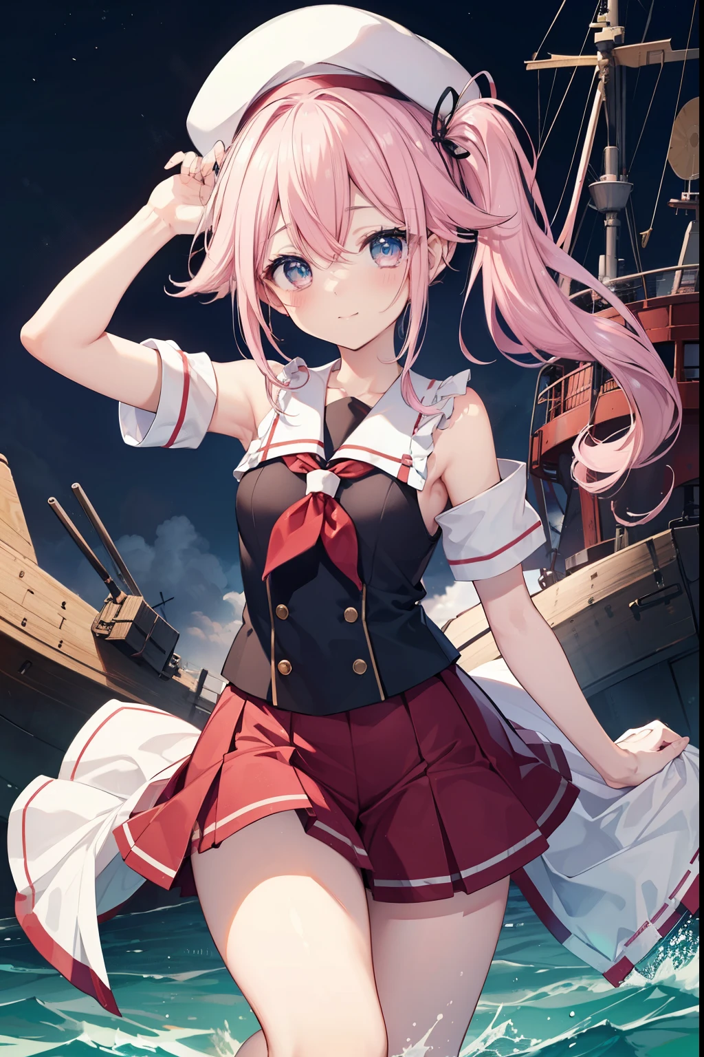 Harusame、blush,smile、Pink Hair、Side Ponytail、Wear a hat、Shipgirl、uniform、Fighting at sea、Primary school students、The back is very small、****ta、Small breasts、Please show me your armpits、exterior: ************、Shoulder Bare、The clavicle is visible、Sexy thighs、Beautiful feet、Usual hairstyle、highest quality, High resolution, unity 8k wallpaper, (shape:0.8), (Beautiful and beautiful eyes:1.6), Highly detailed face, Perfect lighting, Extremely detailed CG, (Perfect hands, Perfect Anatomy),