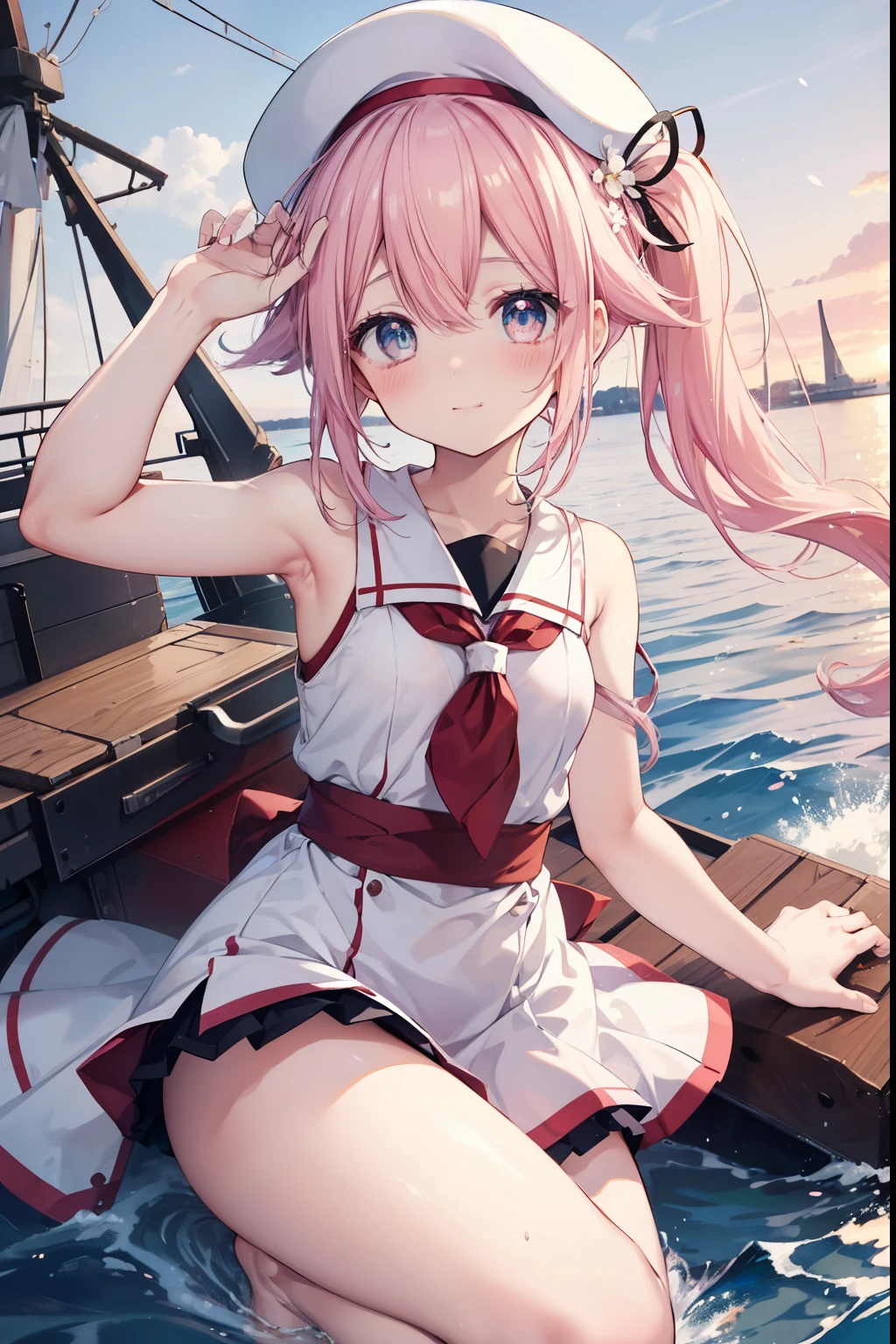 Harusame、blush,smile、Pink Hair、Side Ponytail、Wear a hat、Shipgirl、uniform、Fighting at sea、Primary school students、The back is very small、****ta、Small breasts、Please show me your armpits、exterior: ************、Shoulder Bare、The clavicle is visible、Sexy thighs、Beautiful feet、Usual hairstyle、highest quality, High resolution, unity 8k wallpaper, (shape:0.8), (Beautiful and beautiful eyes:1.6), Highly detailed face, Perfect lighting, Extremely detailed CG, (Perfect hands, Perfect Anatomy),