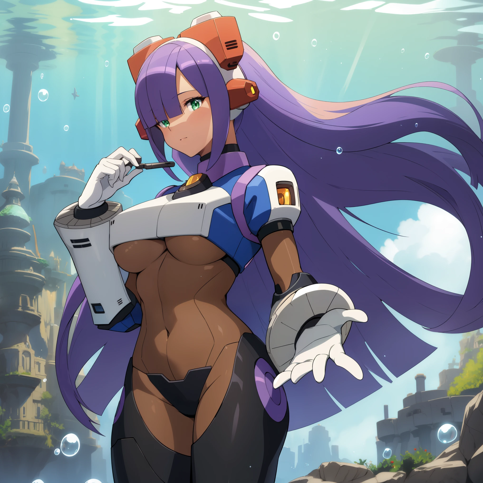layer_megamanx, 1girl, solo, long hair, purple hair, green eyes, blunt bangs, hair over eyes, large breasts, dark skin, dark-skinned female, android, underboob, robot ears, high quality, masterpiece, standing in an underwater city with lots of bubbles, in the style of yuumei, intricate architectures, indigo, miniature illumination, daniel f. gerhartz