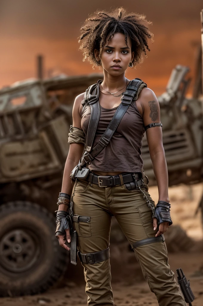 (teenage Halle Berry), a half body shot of a beautiful 16-year-old Afro-American girl in a post-apocalyptic wilderness. She has punk dark brown very short hi-top hair shaved on the sides, hazel eyes, dark tan skin with high detailed features, thin beatiful high detailed face. Her slim, slender body shows a tense, dramatic face, conveying a tough demeanor. She wears military pants and a kaki crop top. The scene portrays a badass, killer, wild girl in a post-apocalyptic style. RAW, dramatic lighting enhances the intense atmosphere. The background features a post-apocalyptic landscape filled with dirt, dust, rumbles, and debris, evoking Mad Max vibes, 16K, ultra high res.photorealistic, UHD, DSLR, Phase one XF IQ4, 150 MP