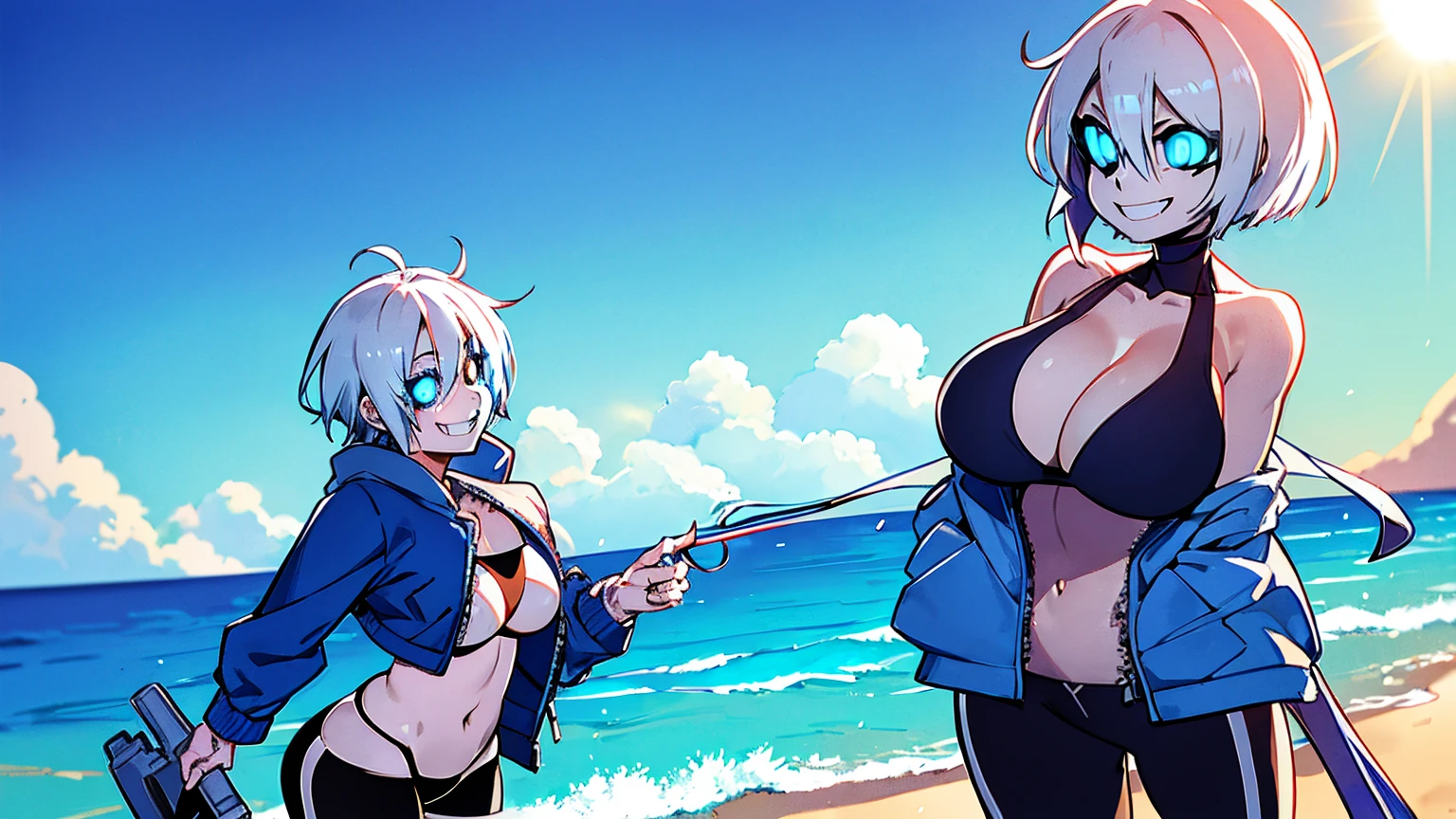 Toby Fox Undertale Sans Blue Jacket Bikini,Fire eyes, skull, smile, white short hair, glowing sexy keel cannon, standing on the beach, Super big breasts breast enlargement, looking at the camera