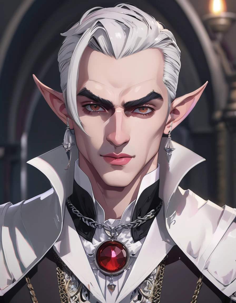 hyperrealistic and heavy detailed modern ((dnd portrait)) of a sexy handsome vampire (lord) 1boy, (vivid big eyes), thin pale lips, piercings on lips and ears, pointy elf ears, masculine jawline, mutton chops beard style without mustache, long white hair braids on the sides, wearing long ((crazy fashion alternate costume)) with (draconic print), wearing thick silver necklace, detailed face, real, atmospheric, sharp, 8k, high textured, maximalist, atmospheric, raytracing, real life, (natural)