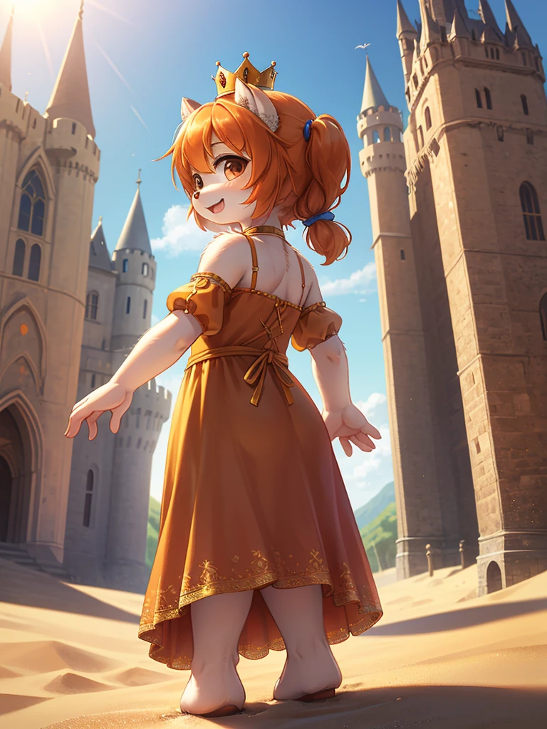 Unrealistic Perspective , dynamic angle , rule of thirds Layout , Bokeh , dynamic fashion model action , realistic hairy fur , round face , moist round eyes , Swollen cheeks , hair ties , Short stature , accidents , Happenings , sensational , front view , back view , side view , from above , from below , masterpiece, highest quality, alone, One girl, Orange Hair, Blue Hair, :d, Orange Dress, View Viewer, Outdoor, sand, sand dunes, Huge castle, Crown, Are standing, whole body, Cowboy Shot, Hands on hips,