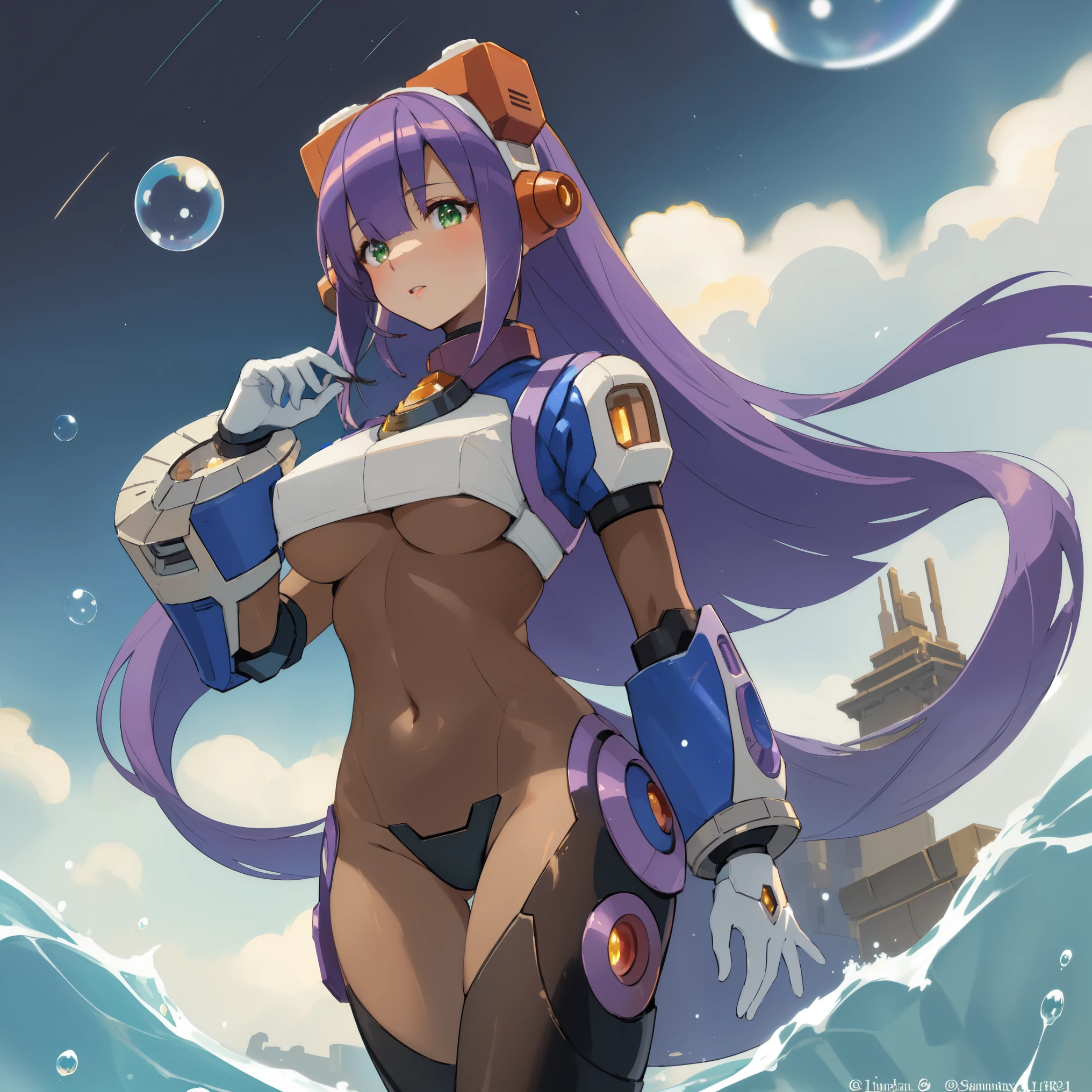 layer_megamanx, 1girl, solo, long hair, purple hair, green eyes, blunt bangs, hair over eyes, large breasts, dark skin, dark-skinned female, android, underboob, robot ears, high quality, masterpiece, standing in an underwater city with lots of bubbles, in the style of yuumei, intricate architectures, indigo, miniature illumination, daniel f. gerhartz