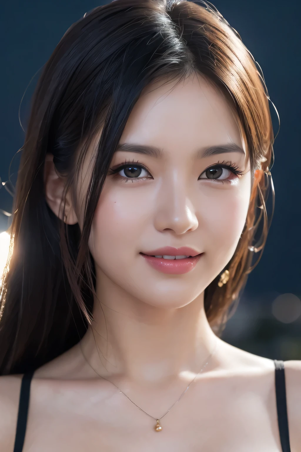 Body portrait, 8K, thin and beautiful eyes, Dindal effect, masterpiece, top quality, high quality, high resolution, very detailed photo, (natural skin texture, fine skin, hyper realism, super sharpness), high detail skin, (very fine, fine skin texture, intricate details, beautiful face, (realistic face), realistic eyes, beautifully detailed eyes, realistic skin, beautiful skin, surreal, very detailed Golden ratio, smiling eyes, ((night moonlight background) )), body portrait, G cup, big breasts, huge breasts, big breasts, glamorous, sexy knit dress,