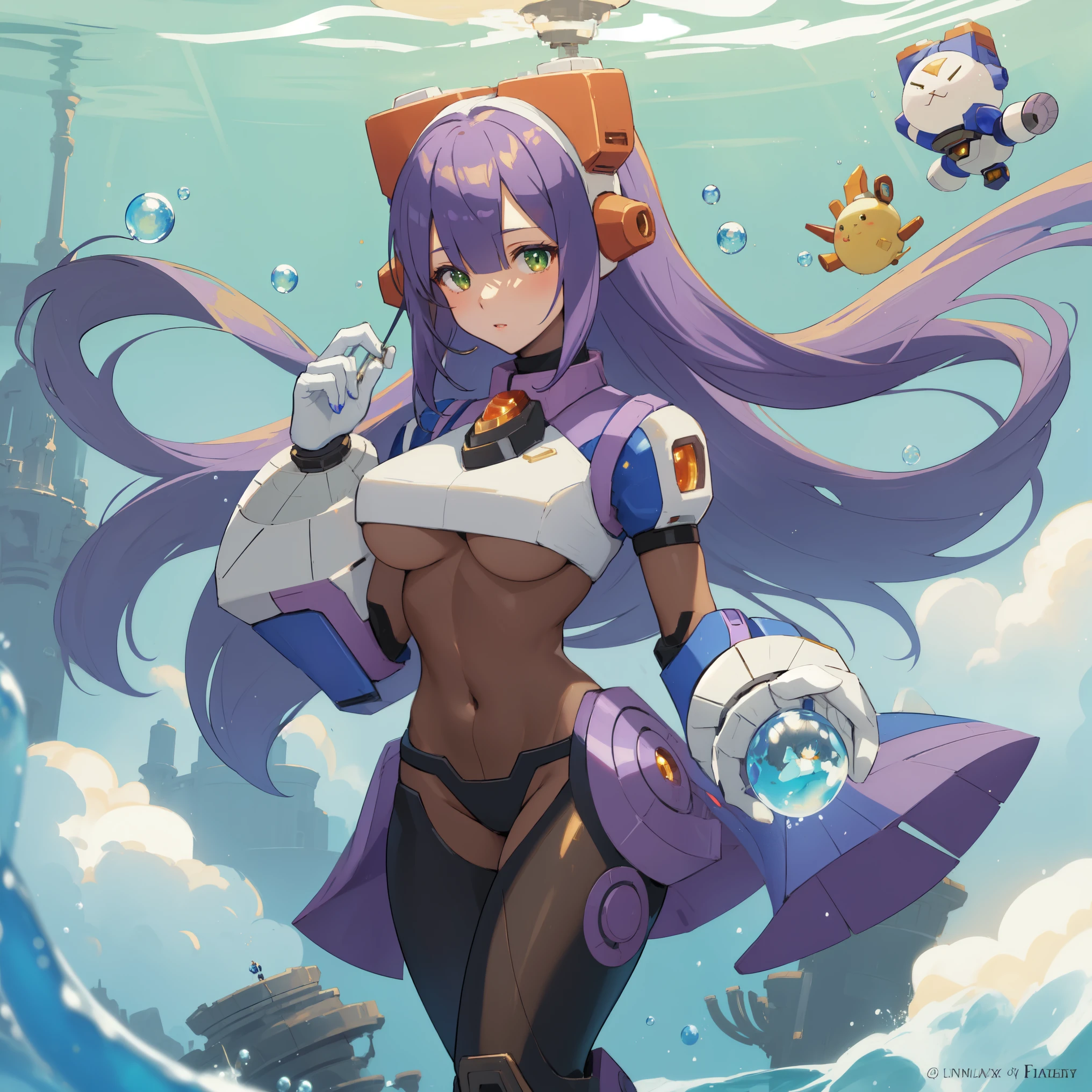 layer_megamanx, 1girl, solo, long hair, purple hair, green eyes, blunt bangs, hair over eyes, large breasts, dark skin, dark-skinned female, android, underboob, robot ears, high quality, masterpiece, standing in an underwater city with lots of bubbles, in the style of yuumei, intricate architectures, indigo, miniature illumination, daniel f. gerhartz