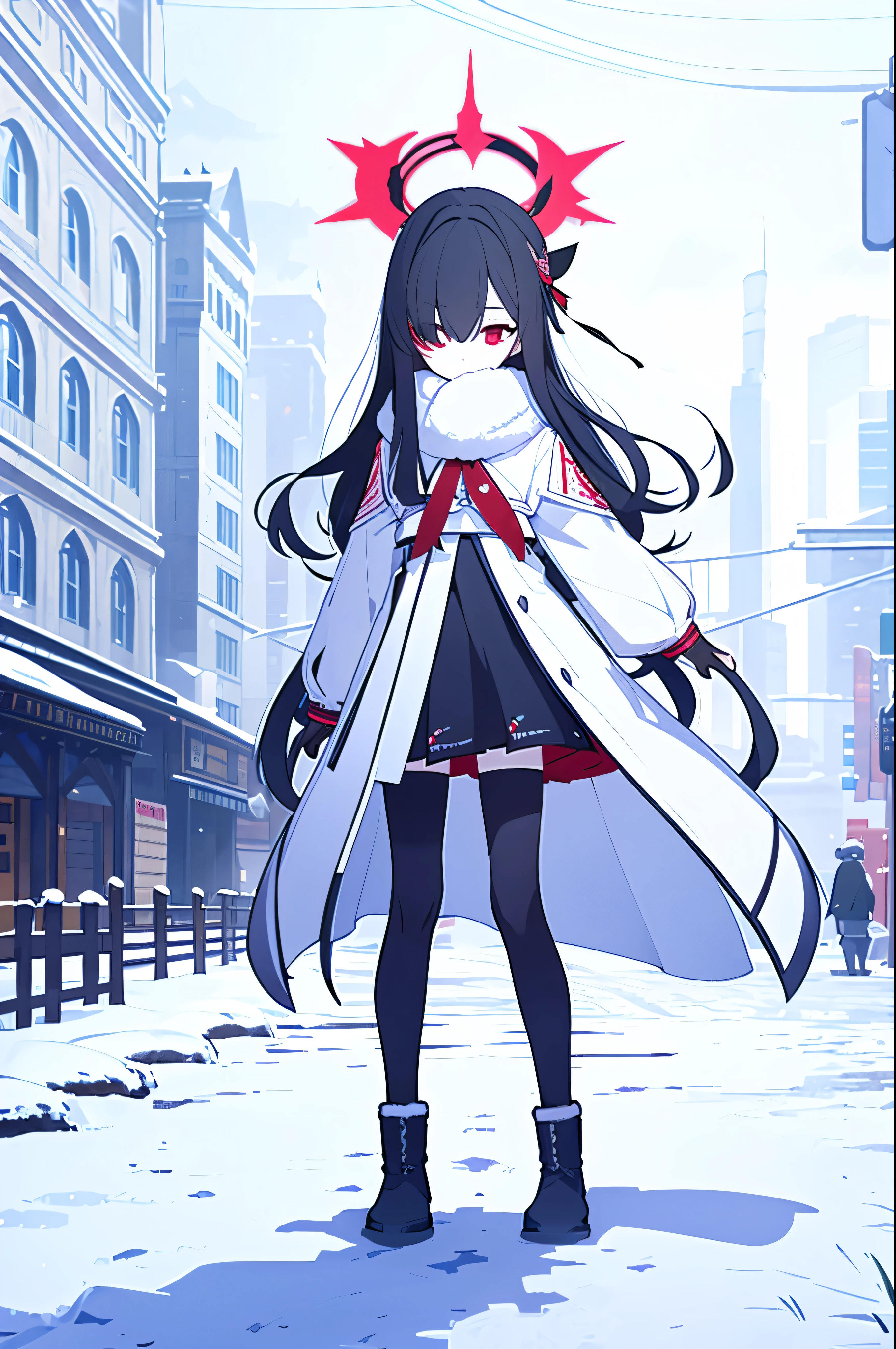 Loli，black hair，Red eyes，There are no highlights in the eyes，Hair covering one eye，Loli&#39;s Body，Wearing a white shirt，Wearing a white coat with fur collar，Wears black tights，Wearing furry boots，Red halo on head，masterpiece，Delicate and exquisite two-dimensional exquisite painting style，Delicate and exquisite，8K high quality，CG Wallpaper，HD，Bad milk，Solitary，Ark of Tomorrow style，Ark of Tomorrow，Lovely standing position，Stand on the streets in winter，Street covered with snow