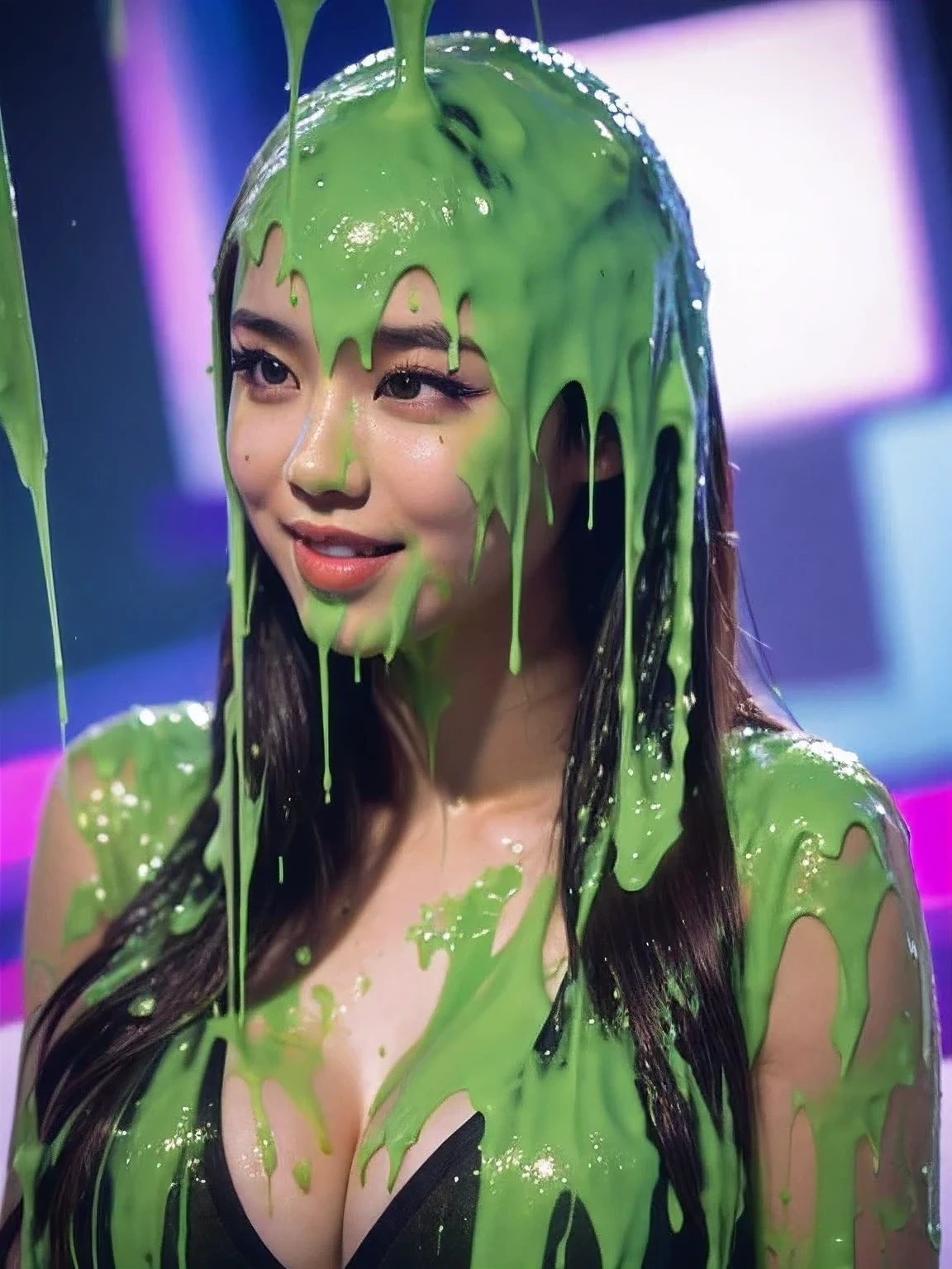 (film photograph:1.3), (photorealistic:1.4), Canon50, 16k, masterpiece, HD,  detailed lips, detailed skin texture, Korean girl, extreme realism, beautiful face, delicate eyes, eyeshadow, slime, slime on face, slime on hair, goo on face, goo on head, dripping green goo, f/2.0, bokeh, natural skin texture, textured skin, detailed textures, liquid splashes on her head, detailed slime, detailed goo, inside game show studio, face covered in slime