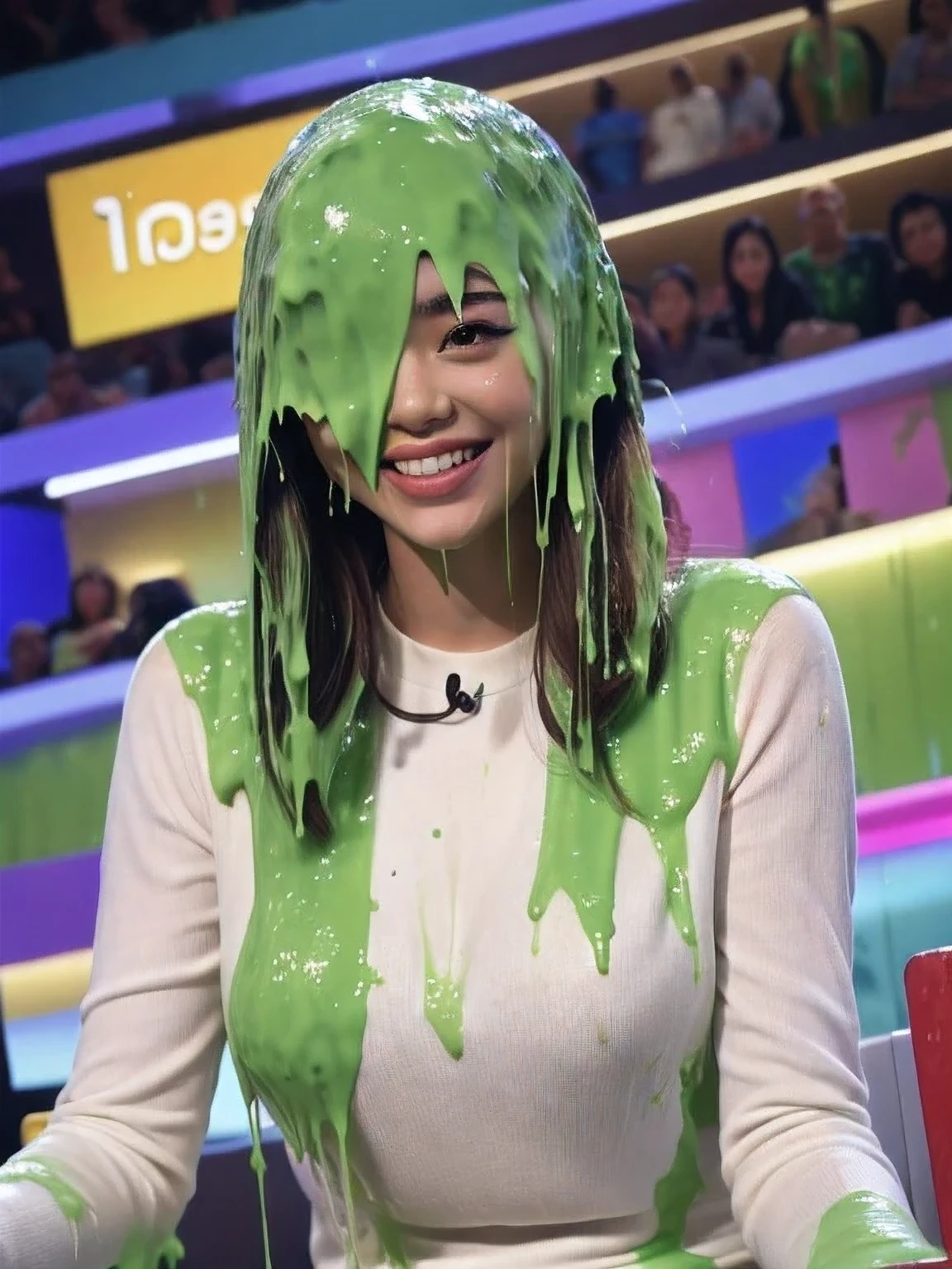 (film photograph:1.3), (photorealistic:1.4), Canon50, 16k, masterpiece, HD, detailed lips, detailed skin texture, Korean girl, extreme realism, beautiful face, delicate eyes, eyeshadow, slime, slime on face, slime on hair, goo on face, goo on head, dripping green goo, f/2.0, bokeh, natural skin texture, textured skin, detailed textures, liquid splashes on her head, detailed slime, detailed goo, inside game show studio, face covered in slime