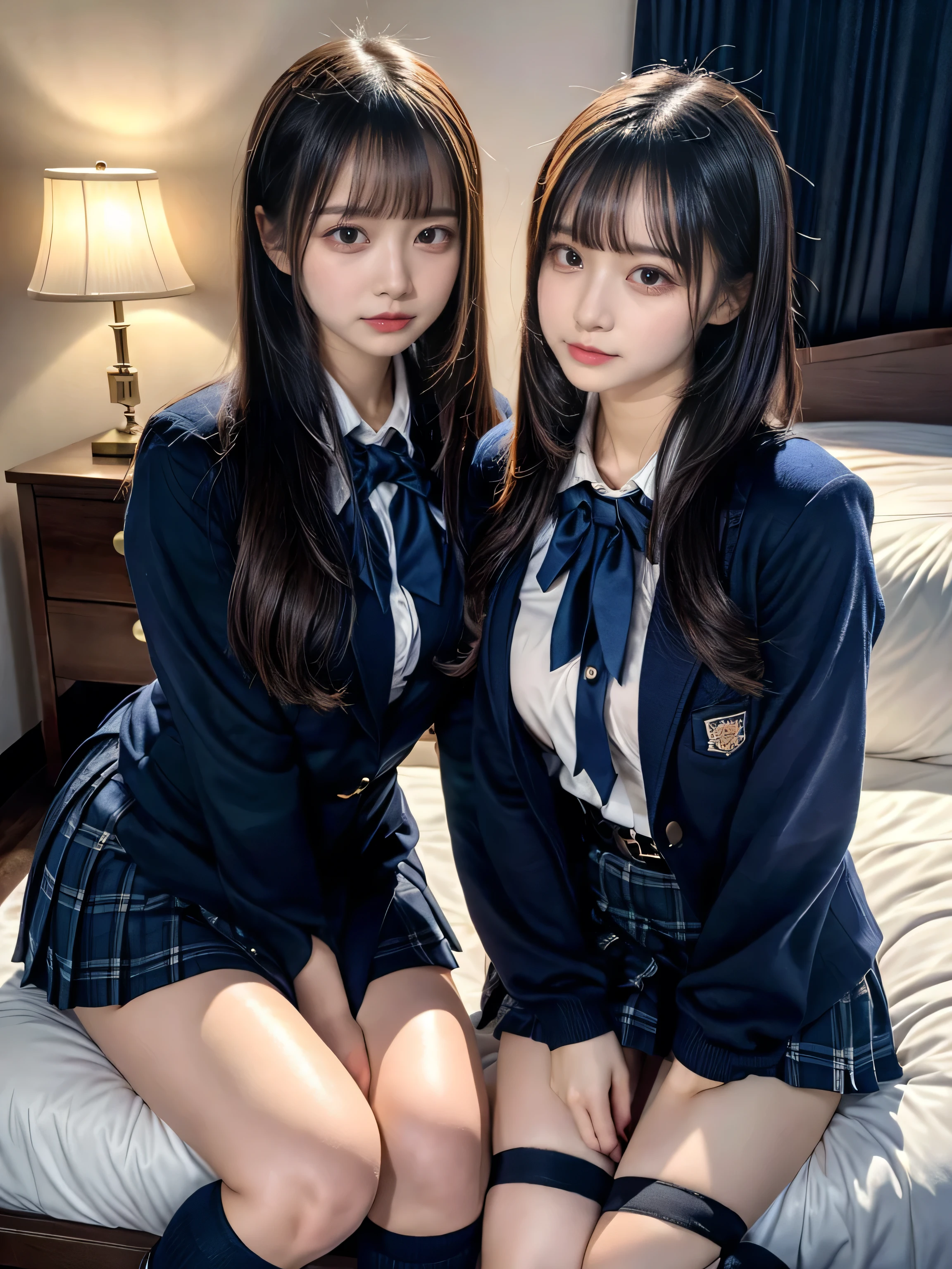 (8K, Raw photography, top-quality, masterpiece:1.2), muster piece, best quality, illustration, Super detailed, fine details, High resolution, 8K,wall paper, perfect dynamic composition,(Details High quality, realistic depiction of eyes:1.3), ((2 girls, 2 schoolgirls)), The background is a luxury hotel room、High school girl uniform、blazer 、Super Short Check Uniform Skirt、Navy blue high socks、garterbelts、Colossal tits、Disturbed uniform, Play with each other,Touching each other's bodies,Touching the body of the girl next door, short bob hair, black hair color, huge breasts, Big Natural Color Lip, bold sexy pose, (perfect body shape), crying a little、cold gaze, Beautiful makeup,glitter makeup,Cutest 18 years old、 beautiful legs, hposing Gravure Idol, Voluptuous thighs