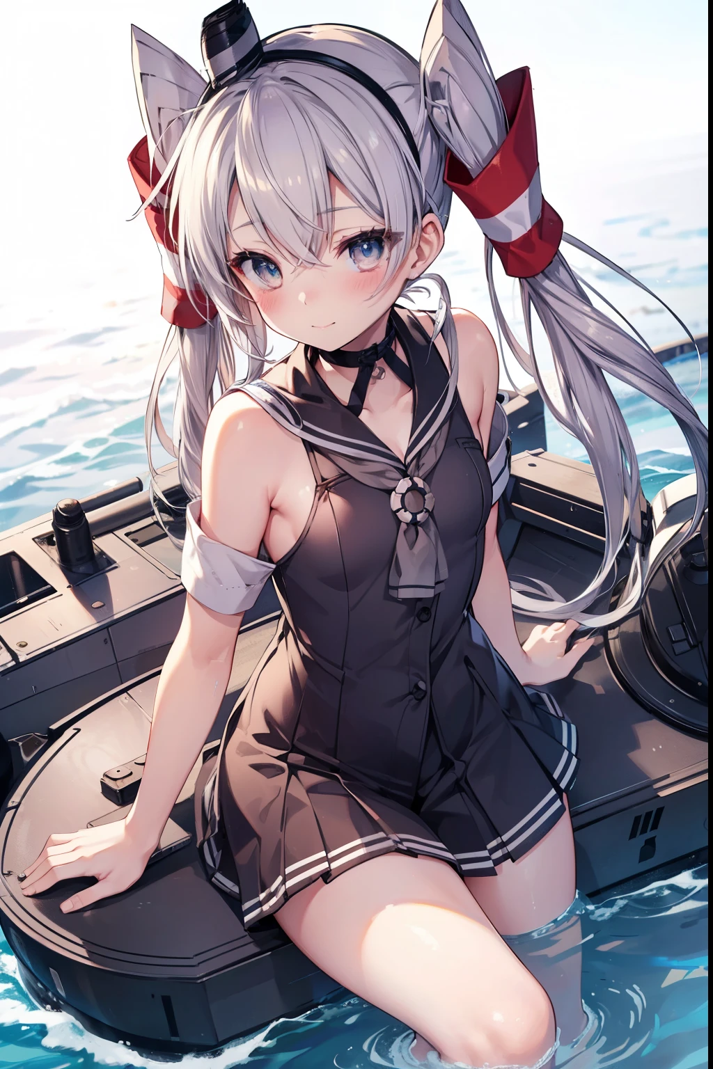 amatsukaze、blush,smile、Silver Hair、Twin tails、Wear a hat、Shipgirl、uniform、Fighting at sea、、The back is very small、Lolita、Small breasts、Please show me your armpits、exterior: 14 years old、Shoulder Bicle is visible、Sexy thighs、Beautiful feet、Usual hairstyle、highest quality, High resolution, unity 8k wallpaper, (shape:0.8), (Beautiful and beautiful eyes:1.6), Highly detailed face, Perfect lighting, Extremely detailed CG, (Perfect hands, Perfect Anatomy),