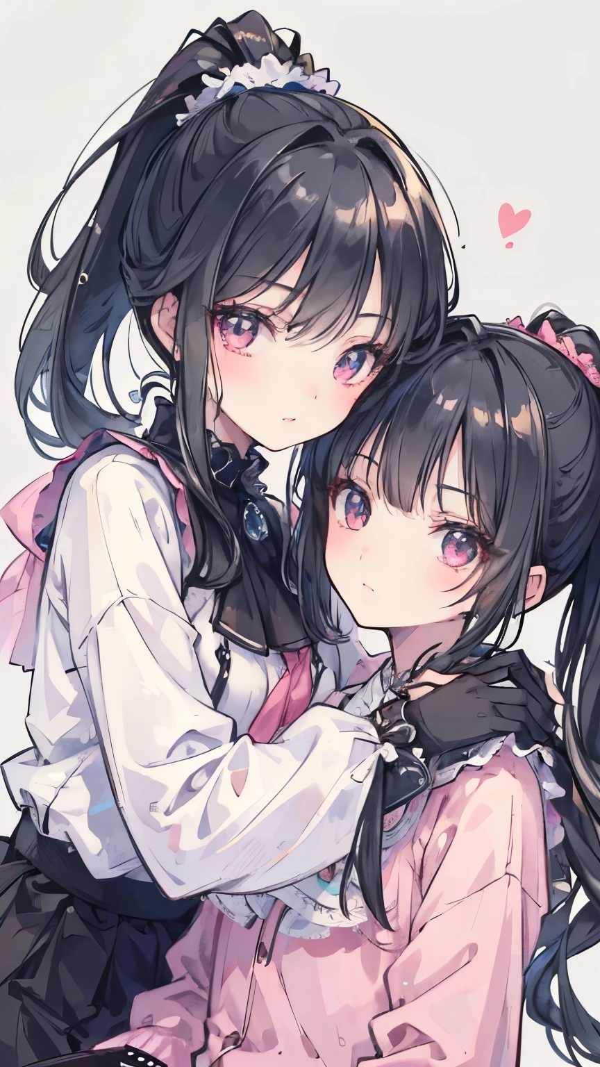 ((best quality)), ((masterpiece)), (detailed), perfect face, beautiful face, best quality, ultra high resnatural light, shiny skin, detailed skin, detailed face, detailed eyes, Two girls looking at each other, a girl with long black hair and a girl with a pink ponytail, cuddling