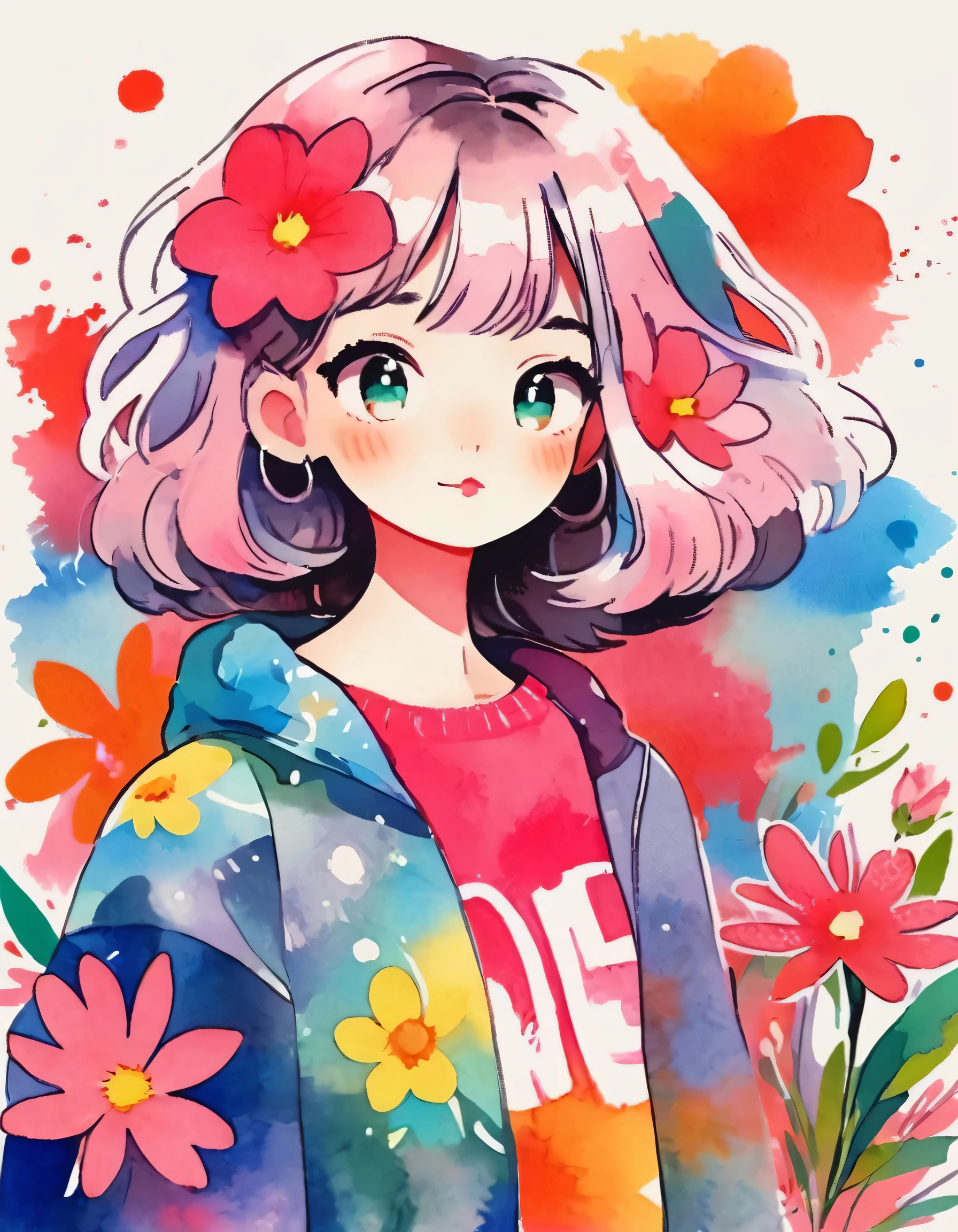 Momoko Sakura Style、(((stylish fashion))), 8K Quality、Intense watercolor, Detailed watercolor art, Watercolor splash, Surreal, avant-garde pop art, Beautiful and expressive paintings, Beautiful artwork illustration, Very colorful tones, wonderful, Cool beauty, highest quality、Official Art, Vector art, Stylish design, (((The most beautiful girl))), (((highest quality))), HDR, ((detailed)), (((Doodle Art)), ((masterpiece)), ((Super detailed)), (((Colorful flowers))),(((Stylish)))