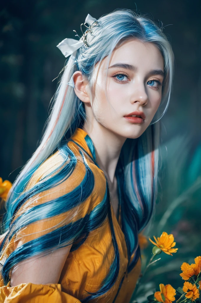 ( masterpiece, top quality, best quality,8k, girl,ultra detailed,raw photo:1.5),(photorealistic:1.4), (cinematic lighting), PerfectNwsjMajic, , Surrealism, UHD, ccurate, Super detail, textured skin, High detail, Best quality, dynamic angle, White skin,[Beautiful blue eyes], high nose,[flat chest:large breasts:0.5],(1girl),((good anatomy:0.5)),(covered in flowers:1.4), night sky, interested in, fire and ice, (The image is divided into two，Available in a variety of colors:2), eyes blues, sapphire, liquid metal, night sky, (Look at an angle:1.3), (fire and ice), ((Lower chrome)), (hairpin:1.4), (forest:1.3), (fog: 1.3),  Subtle colors and tones, mystical aura ,dreamy atmosphere,expressive brush strokes, mystical ambiance, Artistic interpretation, upper body, (straight hair,blue streaked hair, white hair)