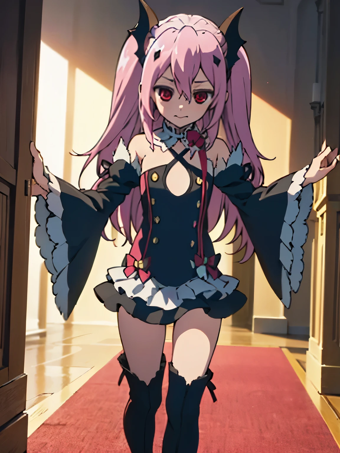 NSFW,Krul Tepes、Red eyes、Flat Chest、Long Hair、Pink Hair、Two Side Up、hair ornaments、boots、Black Dress、Bare shoulders、Wide sleeves、ribbon,(Perfect hands),(Perfect Anatomy),(masterpiece),(highest quality),