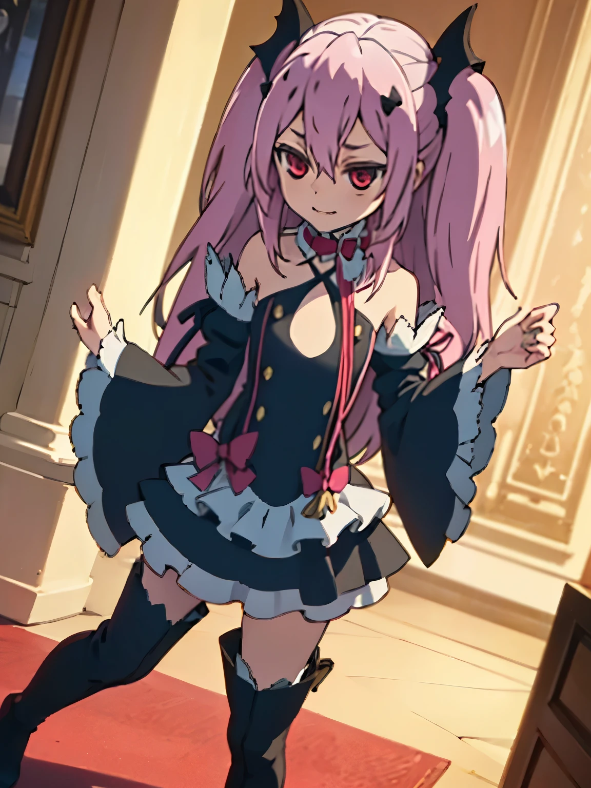 NSFW,Krul Tepes、Red eyes、Flat Chest、Long Hair、Pink Hair、Two Side Up、hair ornaments、boots、Black Dress、Bare shoulders、Wide sleeves、ribbon,(Perfect hands),(Perfect Anatomy),(masterpiece),(highest quality),