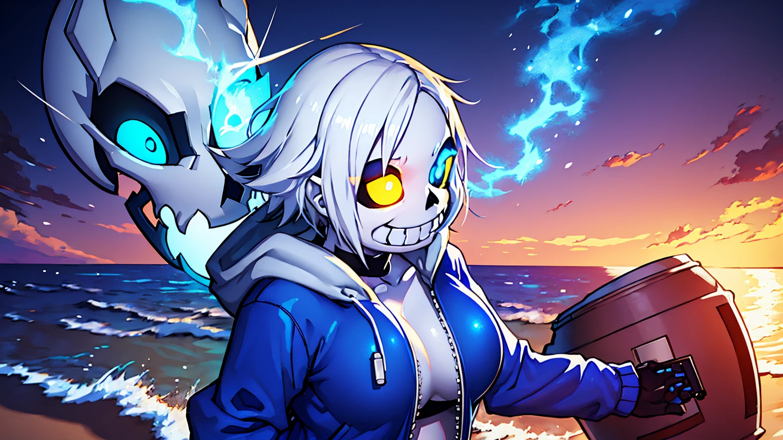 Toby Fox Undertale Sans Blue Jacket Bikini,Fire eyes skull smile white short hair glowing sexy keel cannon one standing on the beach Super big breasts breast enlargement looking at the camera illustration, ultra-detailed, HDR, vibrant colors, soft lighting