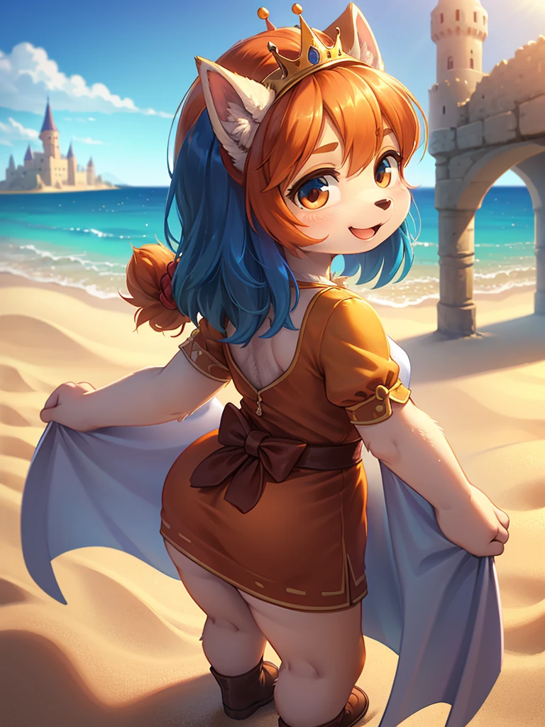 Unrealistic Perspective , dynamic angle , rule of thirds Layout , Bokeh , dynamic fashion model action , realistic hairy fur , round face , moist round eyes , Swollen cheeks , hair ties , Short stature , accidents , Happenings , sensational , front view , back view , side view , from above , from below , masterpiece, highest quality, alone, One girl, Orange Hair, Blue Hair, :d, Orange Dress, View Viewer, Outdoor, sand, sand dunes, Huge castle, Crown, Are standing, whole body, Cowboy Shot, Hands on hips,